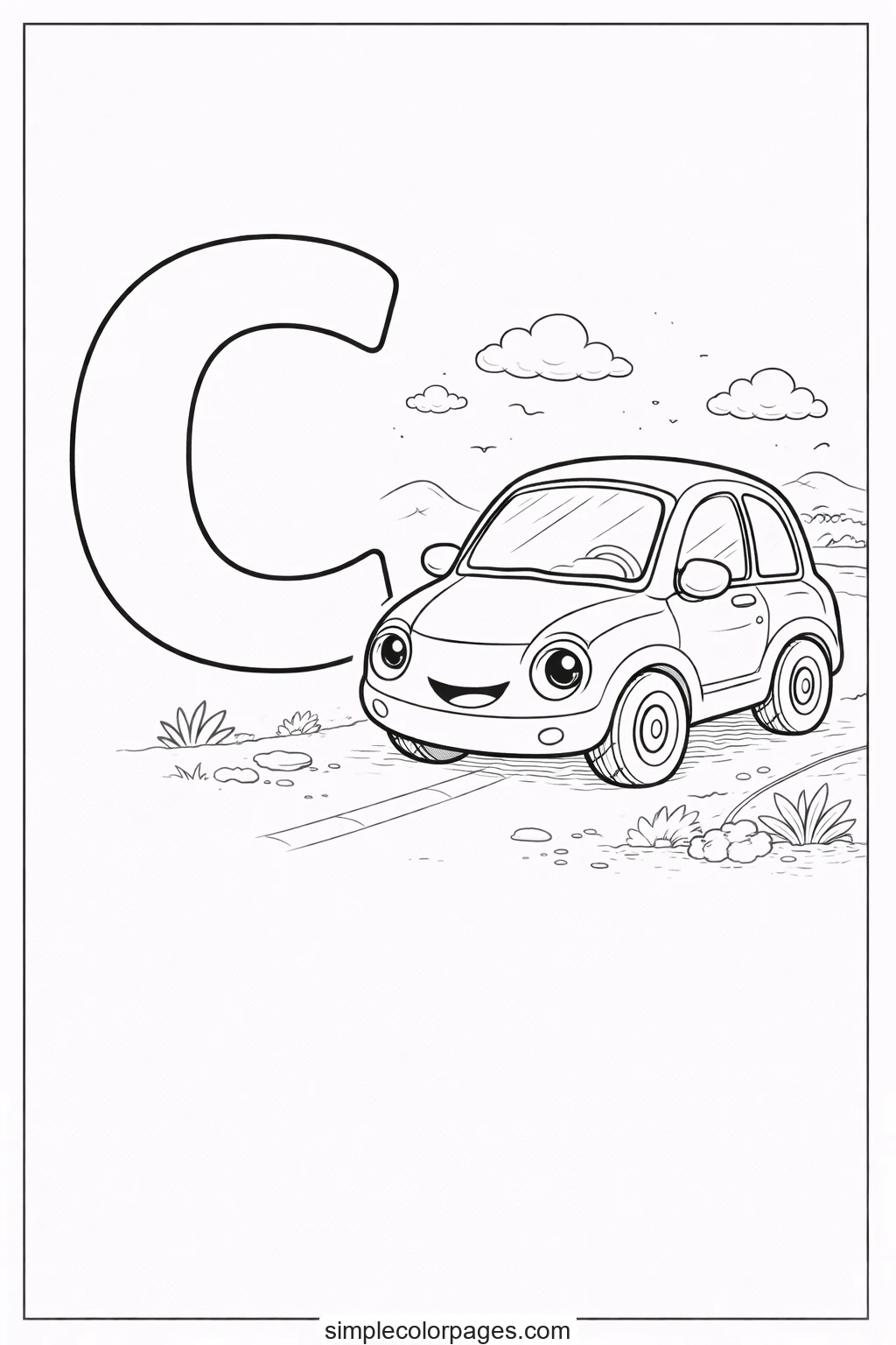 Preview of Letter C with Car Coloring Page