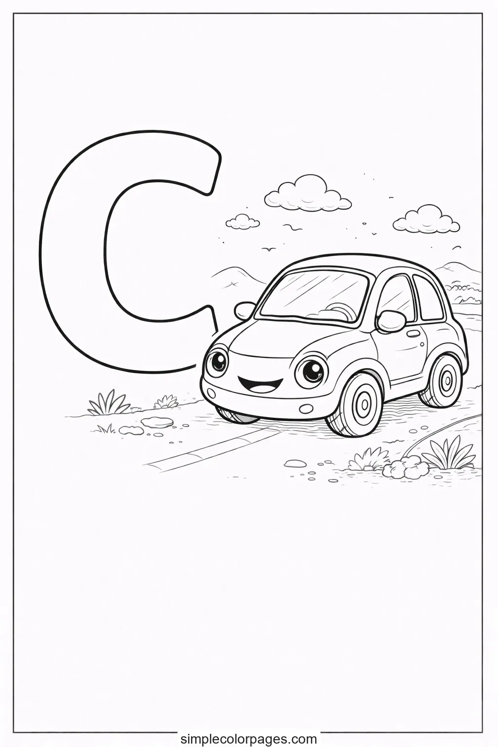 Preview of Letter C with Car Coloring Page