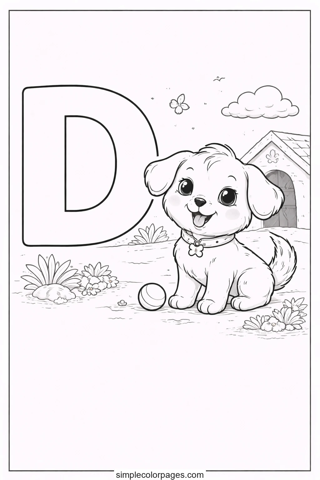 Preview of Letter D with Happy Dog Coloring Page