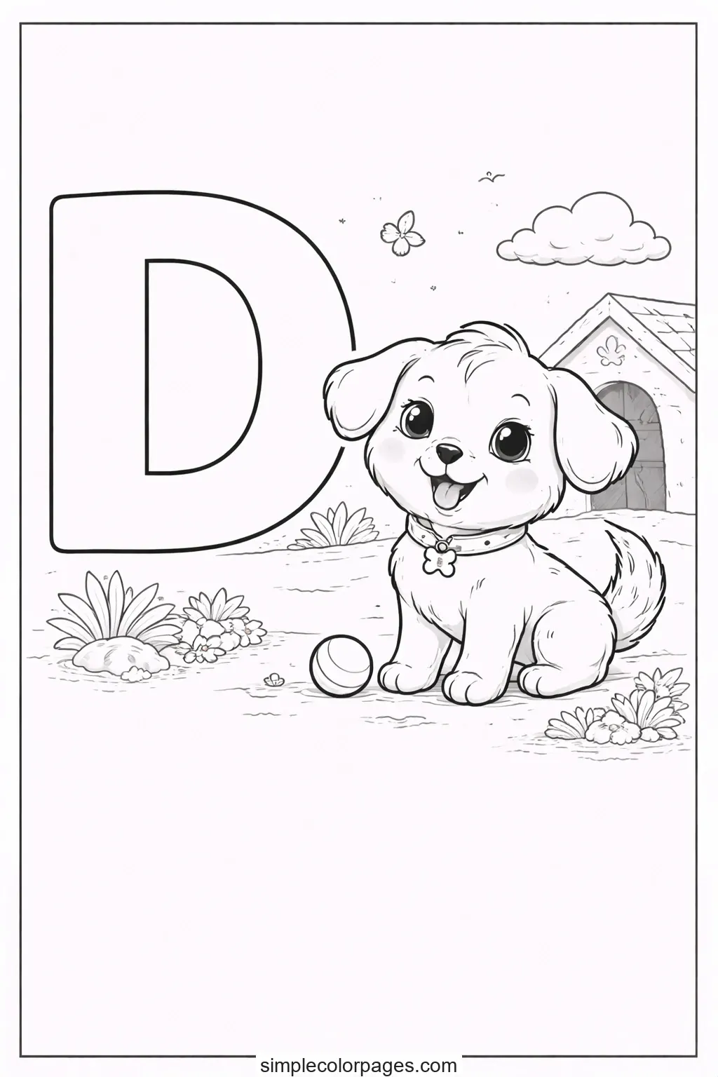 Preview of Letter D with Happy Dog Coloring Page