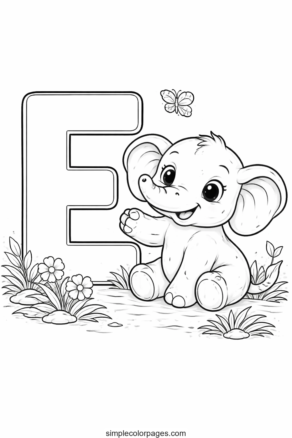 Preview of Letter E with Elephant Coloring Page