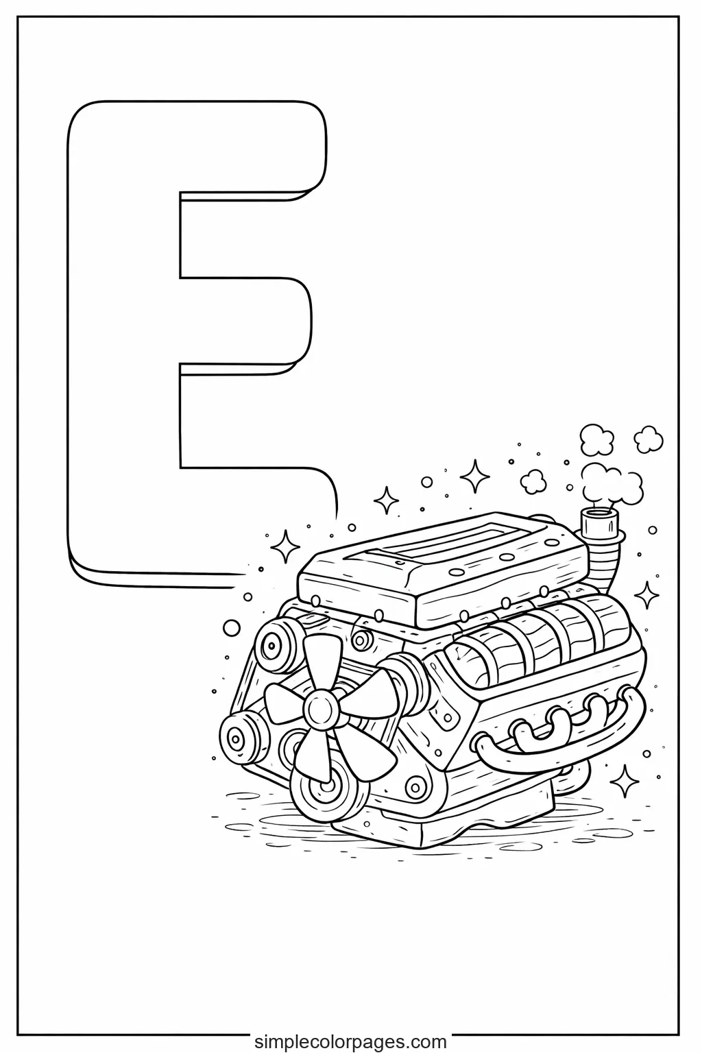 Preview of Letter E with Engine Coloring Page