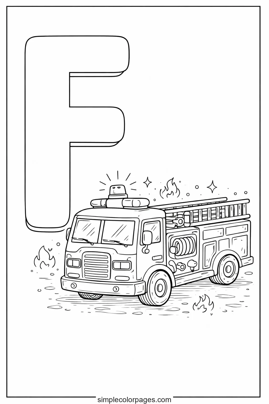 Preview of Letter F with Fire Truck Coloring Page