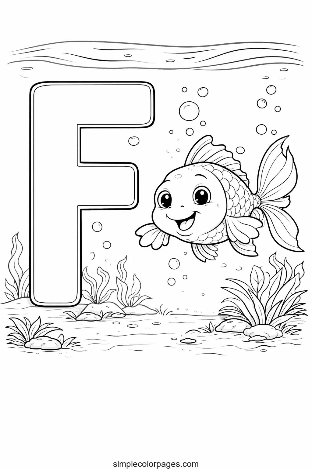 Preview of Letter F with Fish Coloring Page