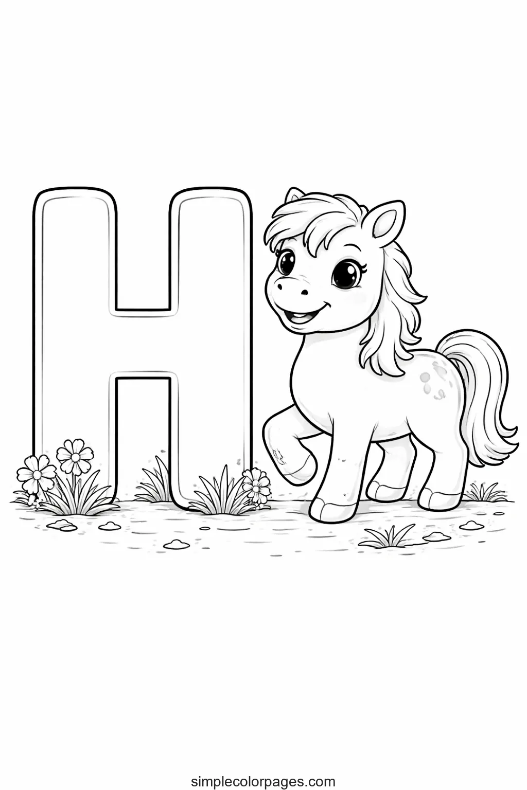 Preview of Letter H with Horse Coloring Page