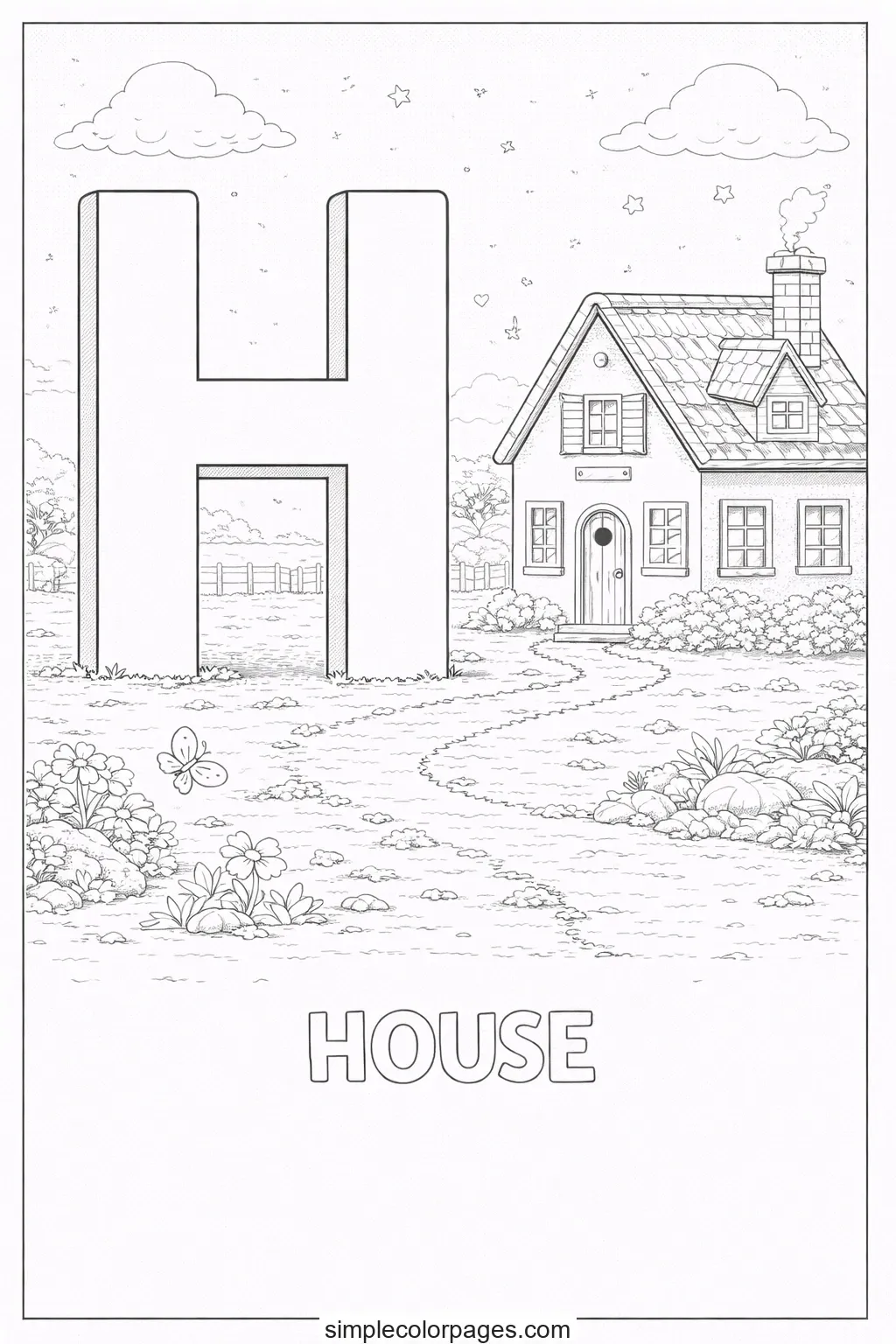 Preview of Letter H with House Coloring Page