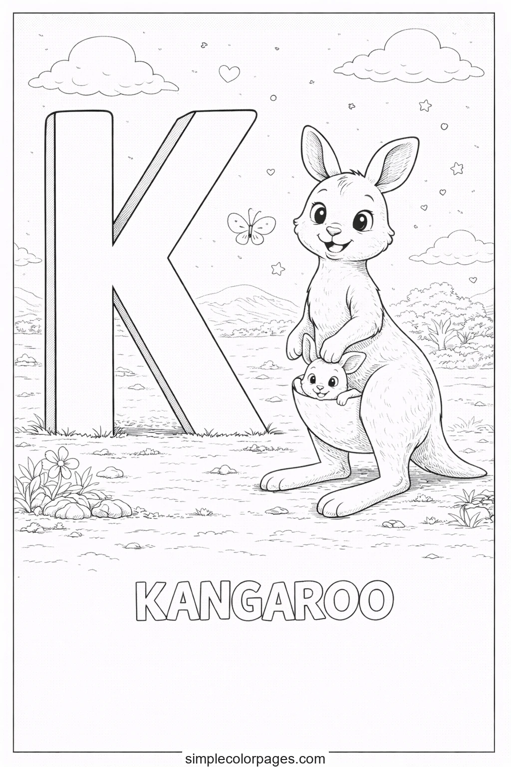 Preview of Letter K with Kangaroo Coloring Page