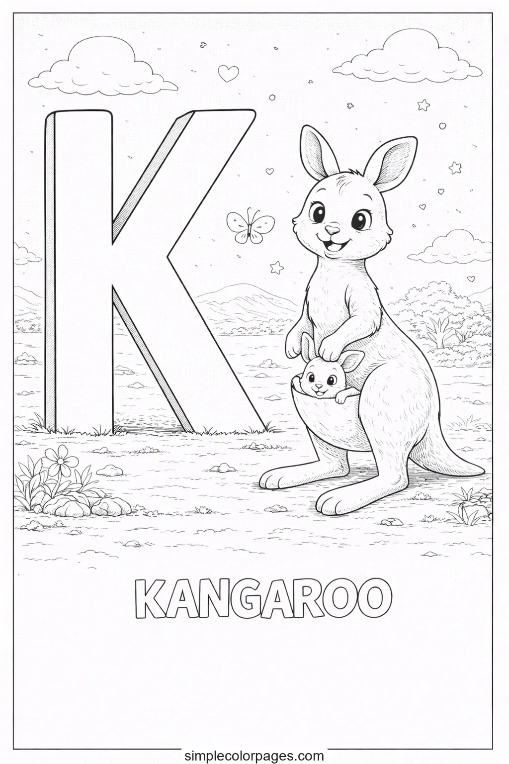 Preview of Letter K with Kangaroo Coloring Page
