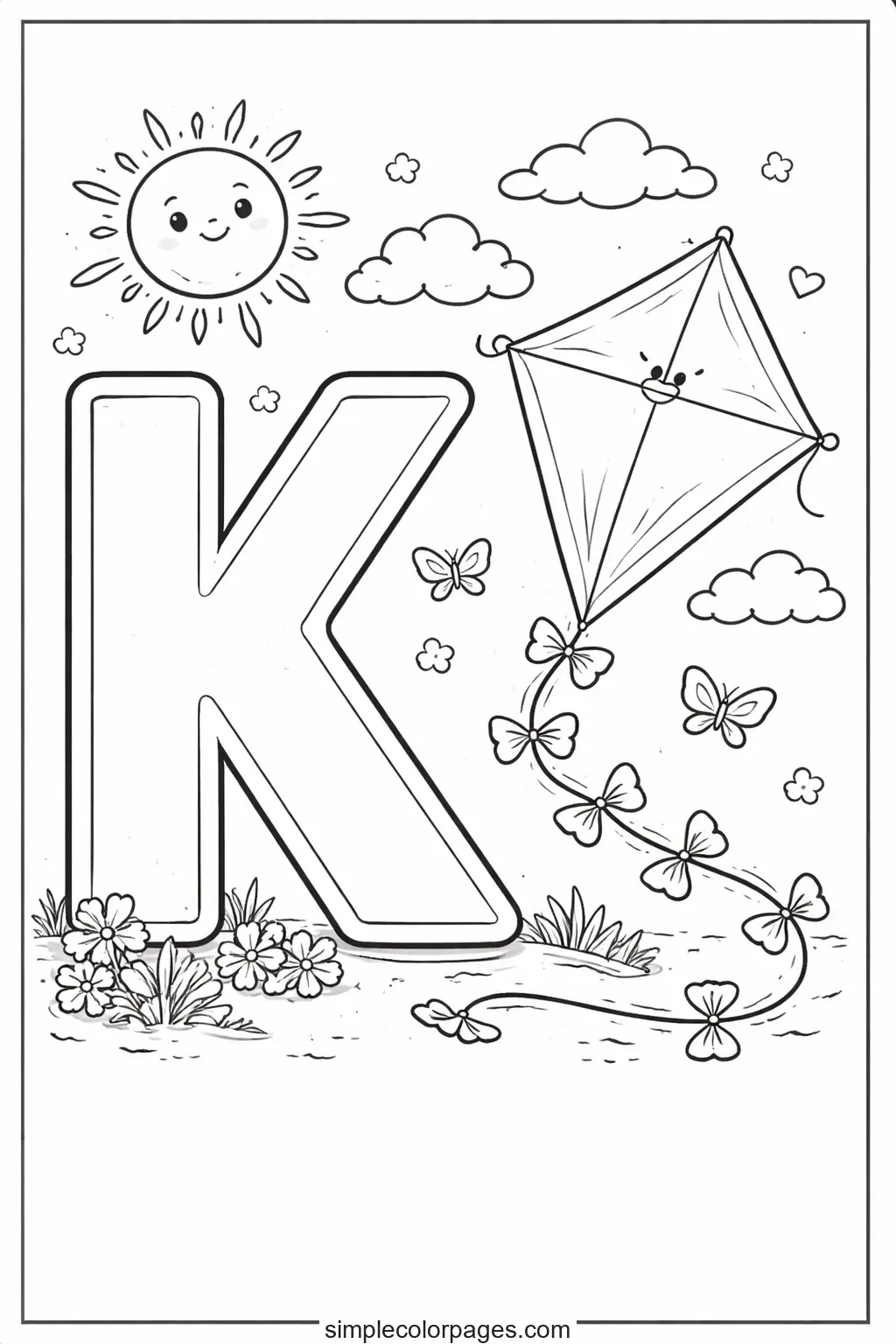 Preview of Letter K and Kite Coloring Page