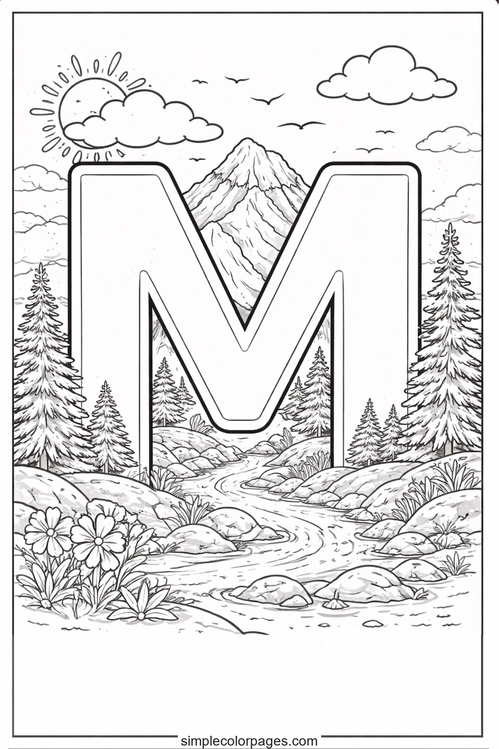 Preview of Letter M with Mountain Coloring Page