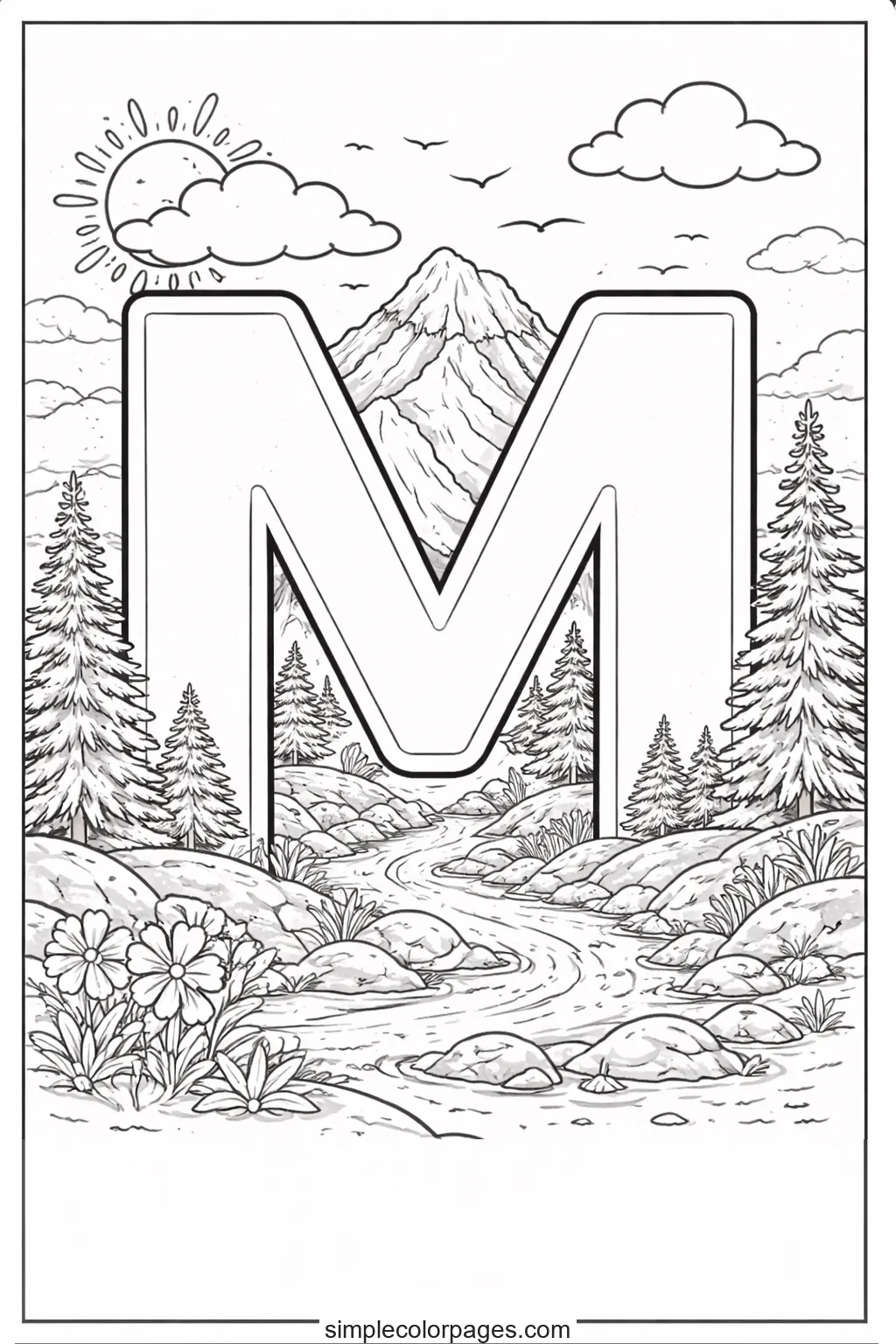 Preview of Letter M with Mountain Coloring Page