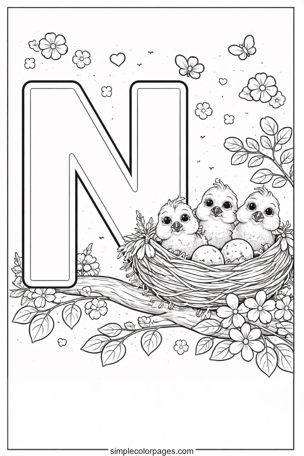 Preview of Letter N and Nest Coloring Page