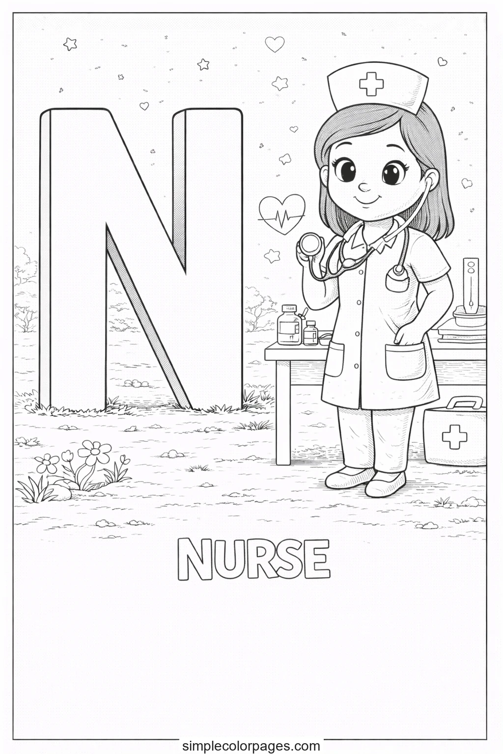 Preview of Letter N with Nurse Coloring Page