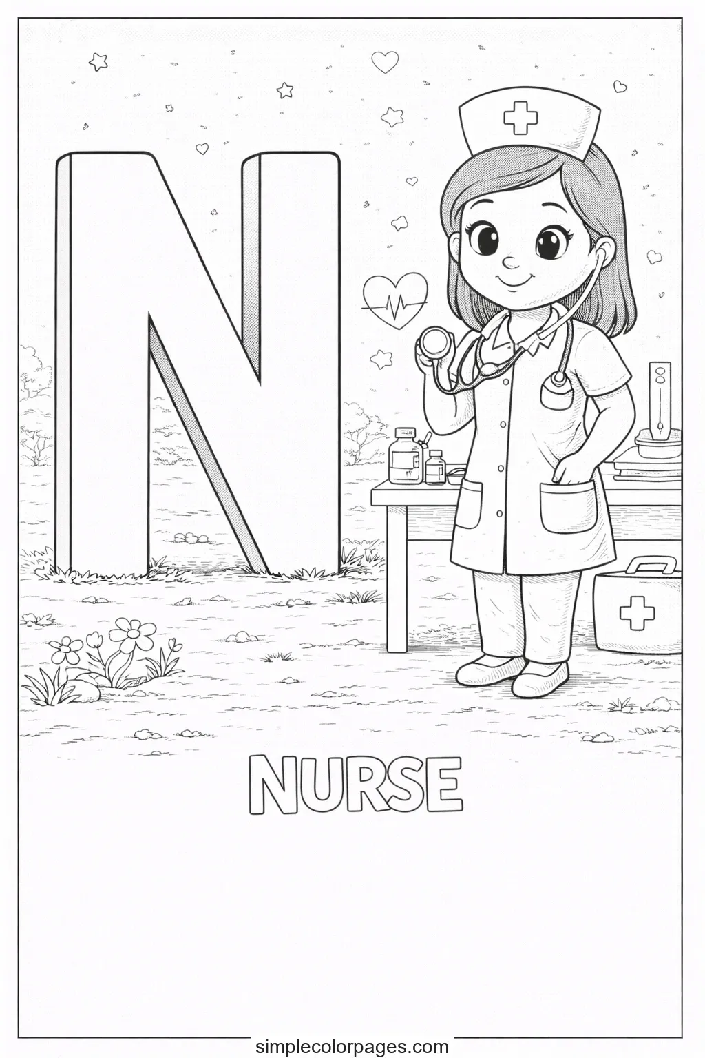Preview of Letter N with Nurse Coloring Page