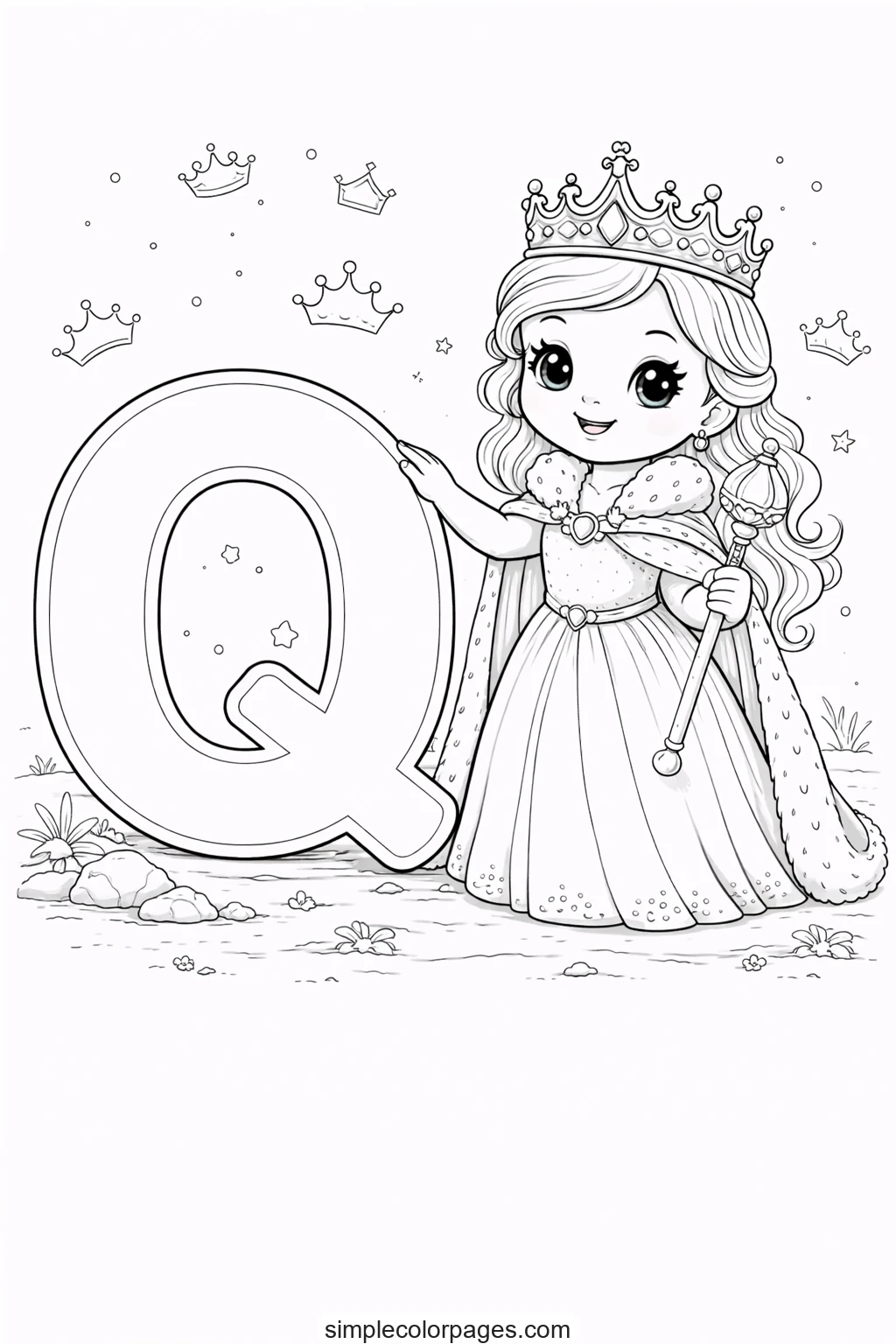 Preview of Letter Q with Queen Coloring Page