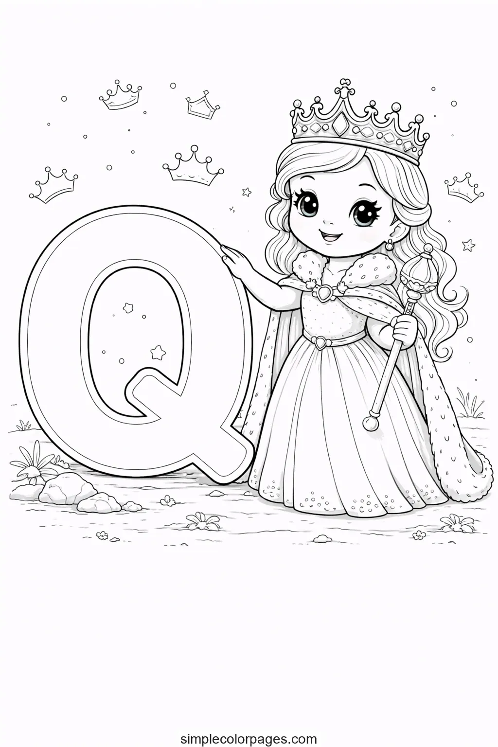 Preview of Letter Q with Queen Coloring Page