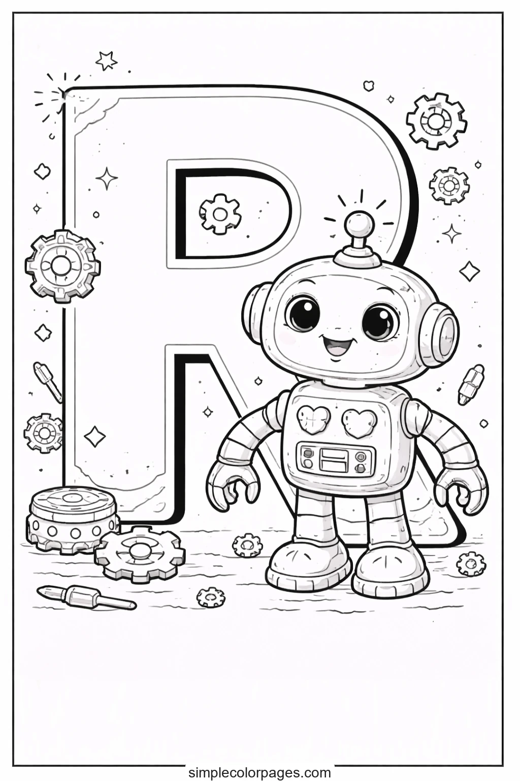 Preview of Letter R with Robot Coloring Page