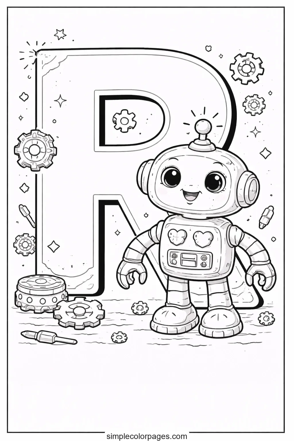 Preview of Letter R with Robot Coloring Page
