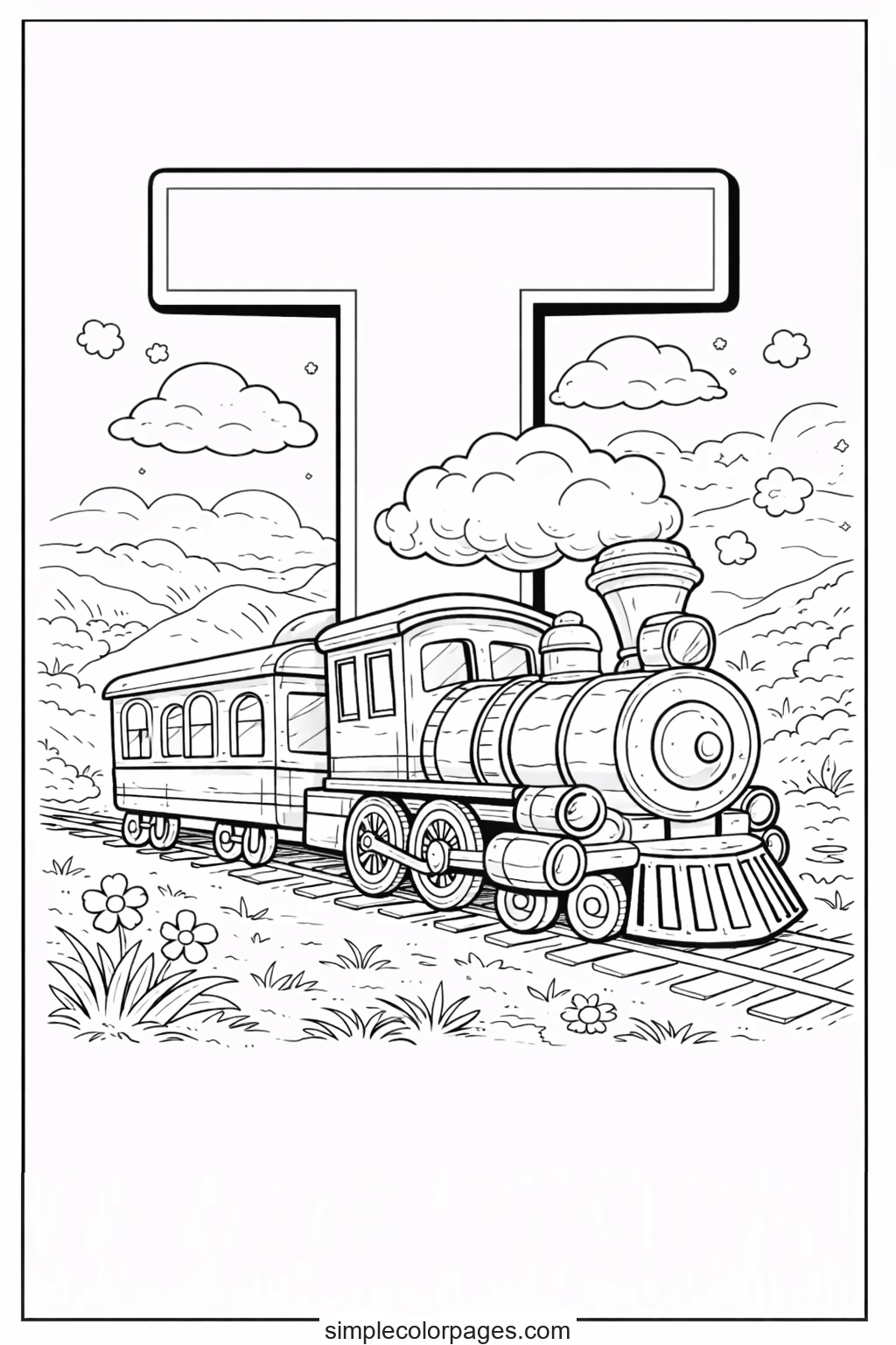 Preview of Letter T with Train Coloring Page
