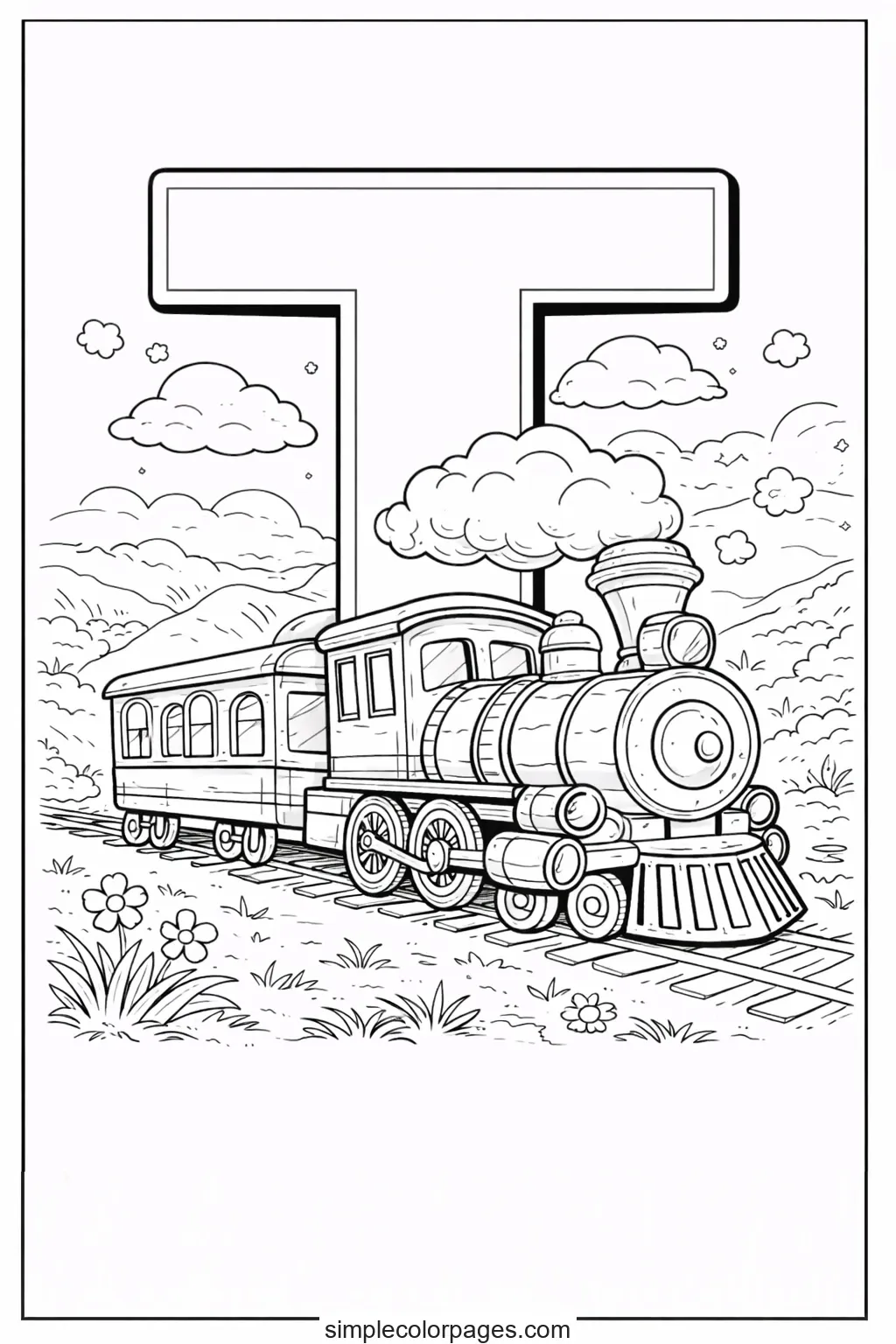 Preview of Letter T with Train Coloring Page