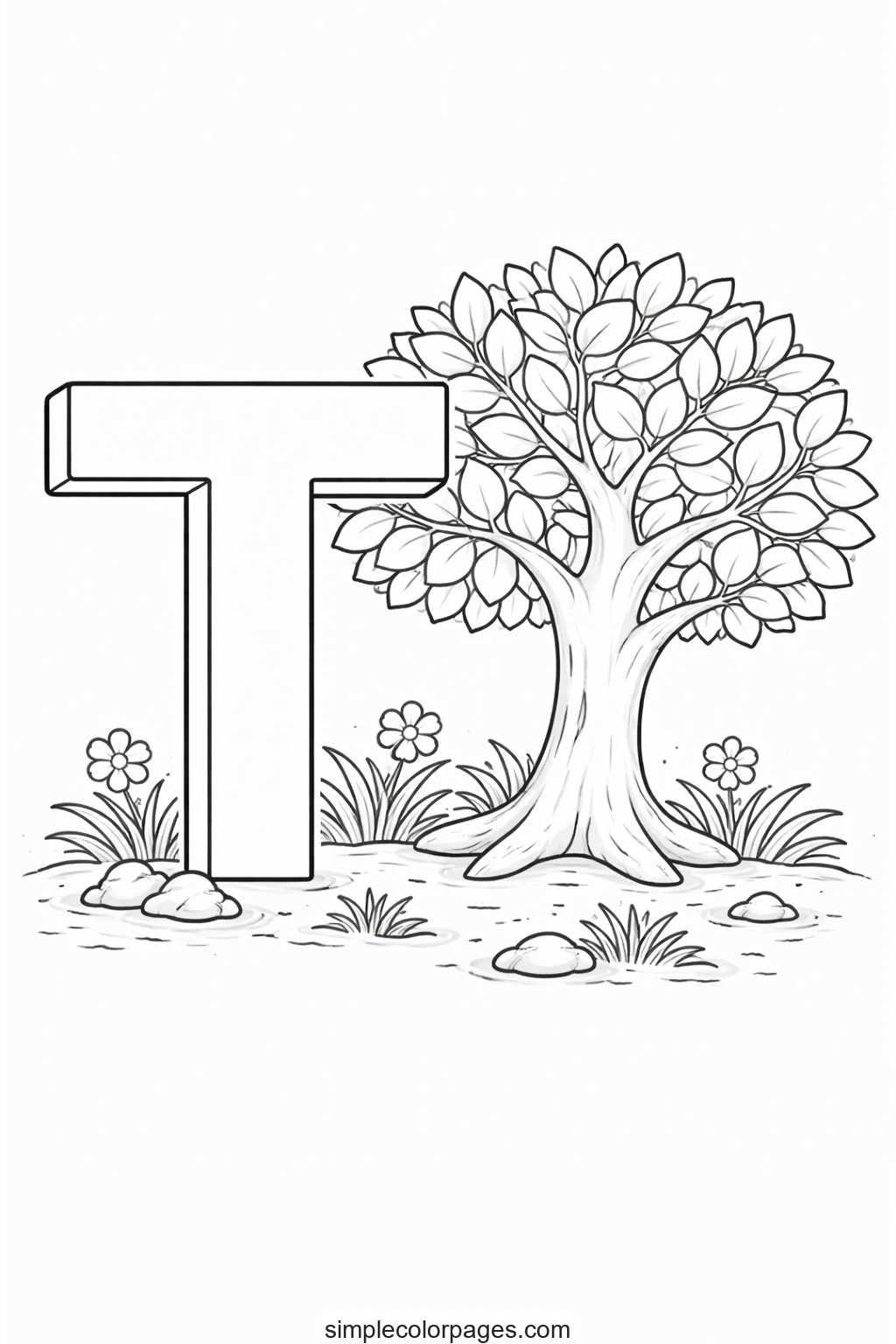 Preview of Letter T with Tree Coloring Page