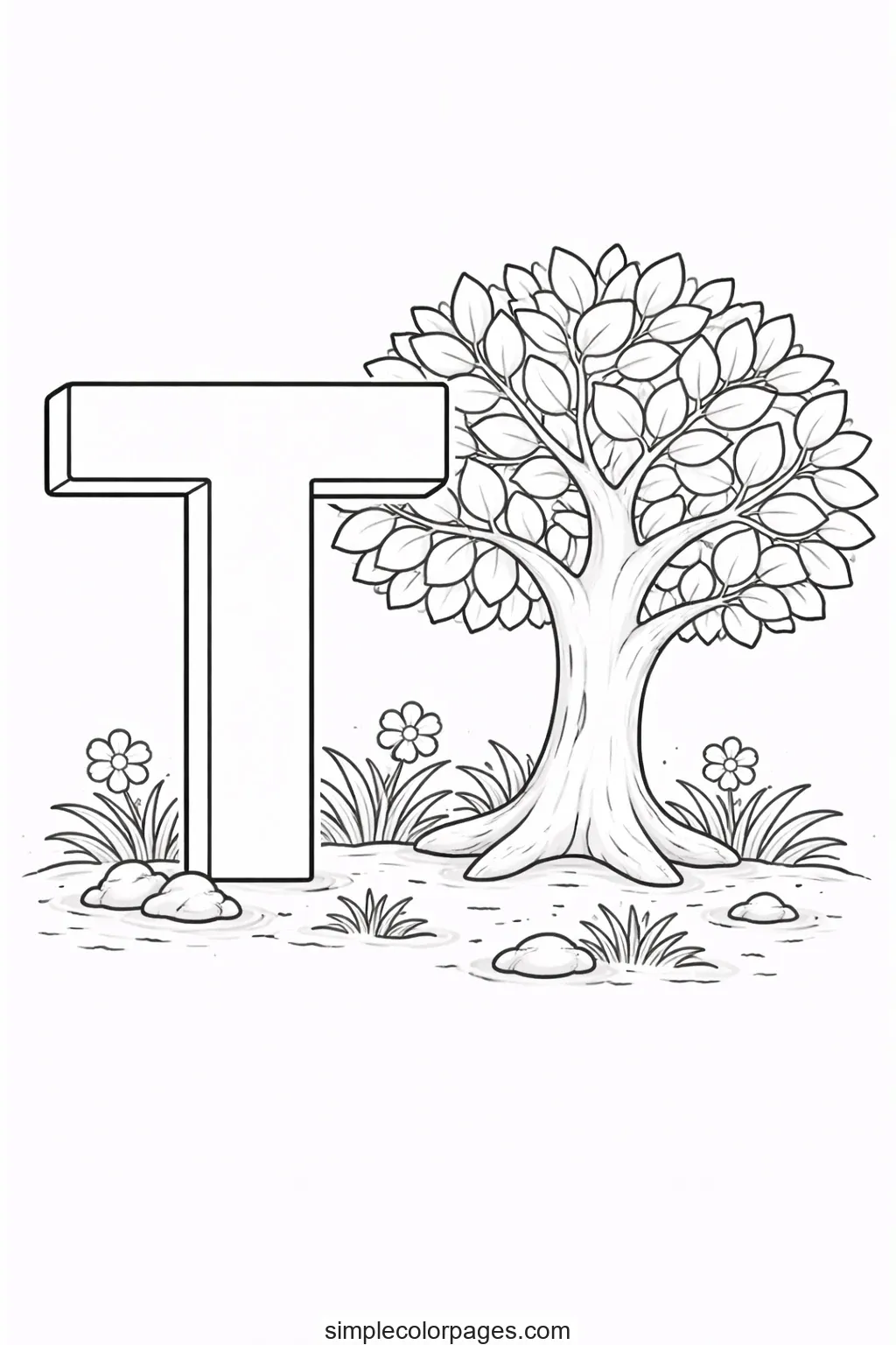 Preview of Letter T with Tree Coloring Page