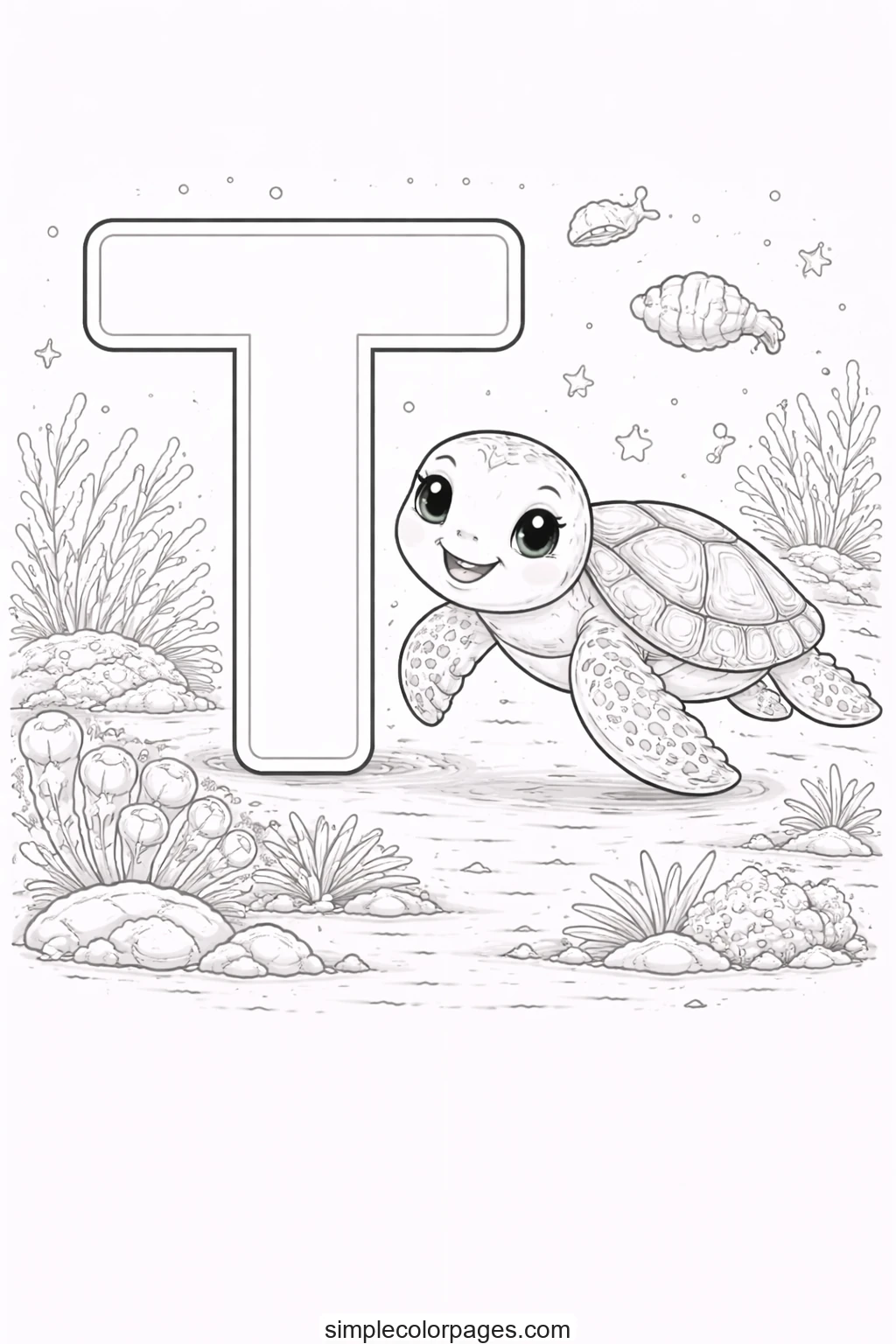 Preview of Letter T with Turtle Coloring Page