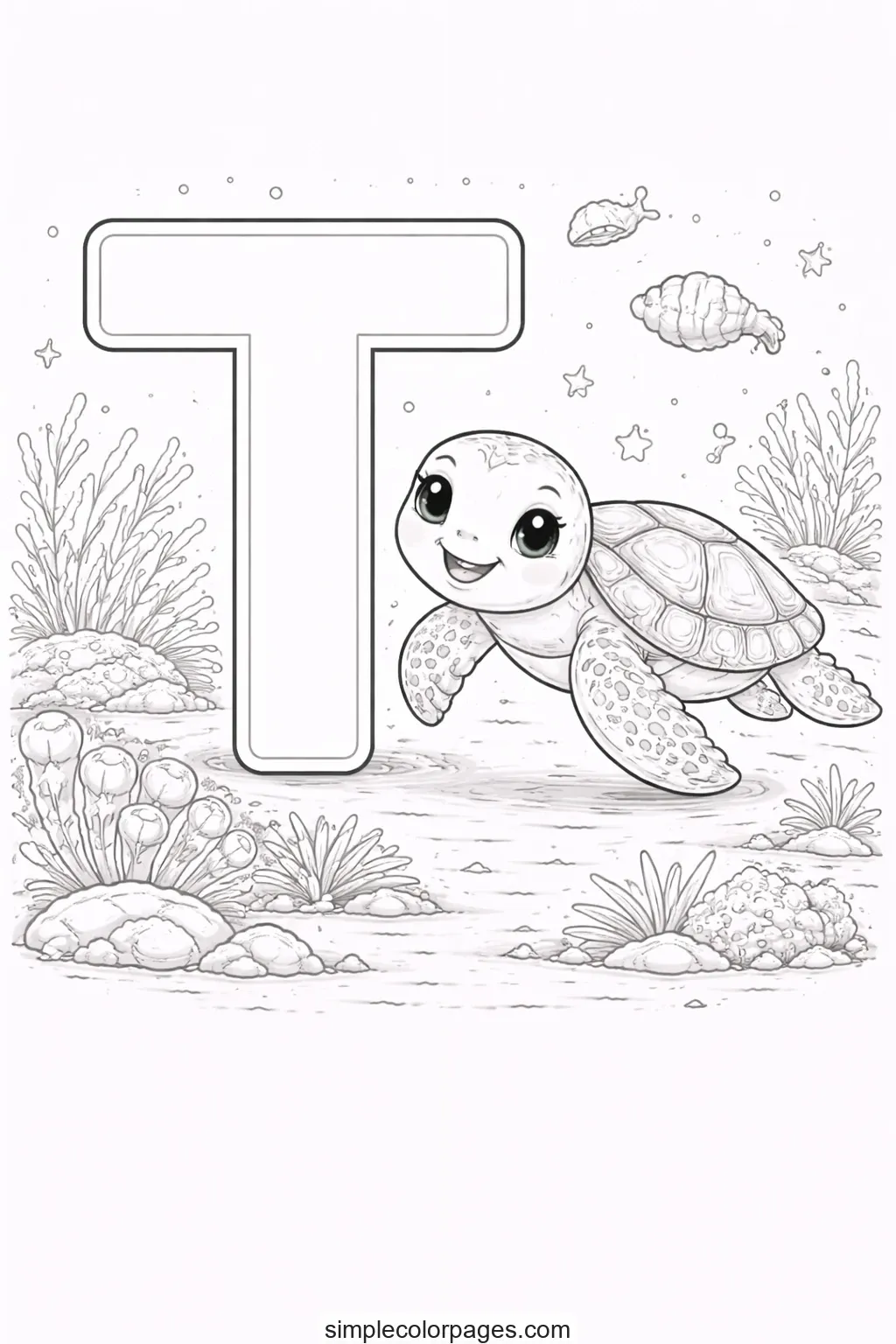 Preview of Letter T with Turtle Coloring Page