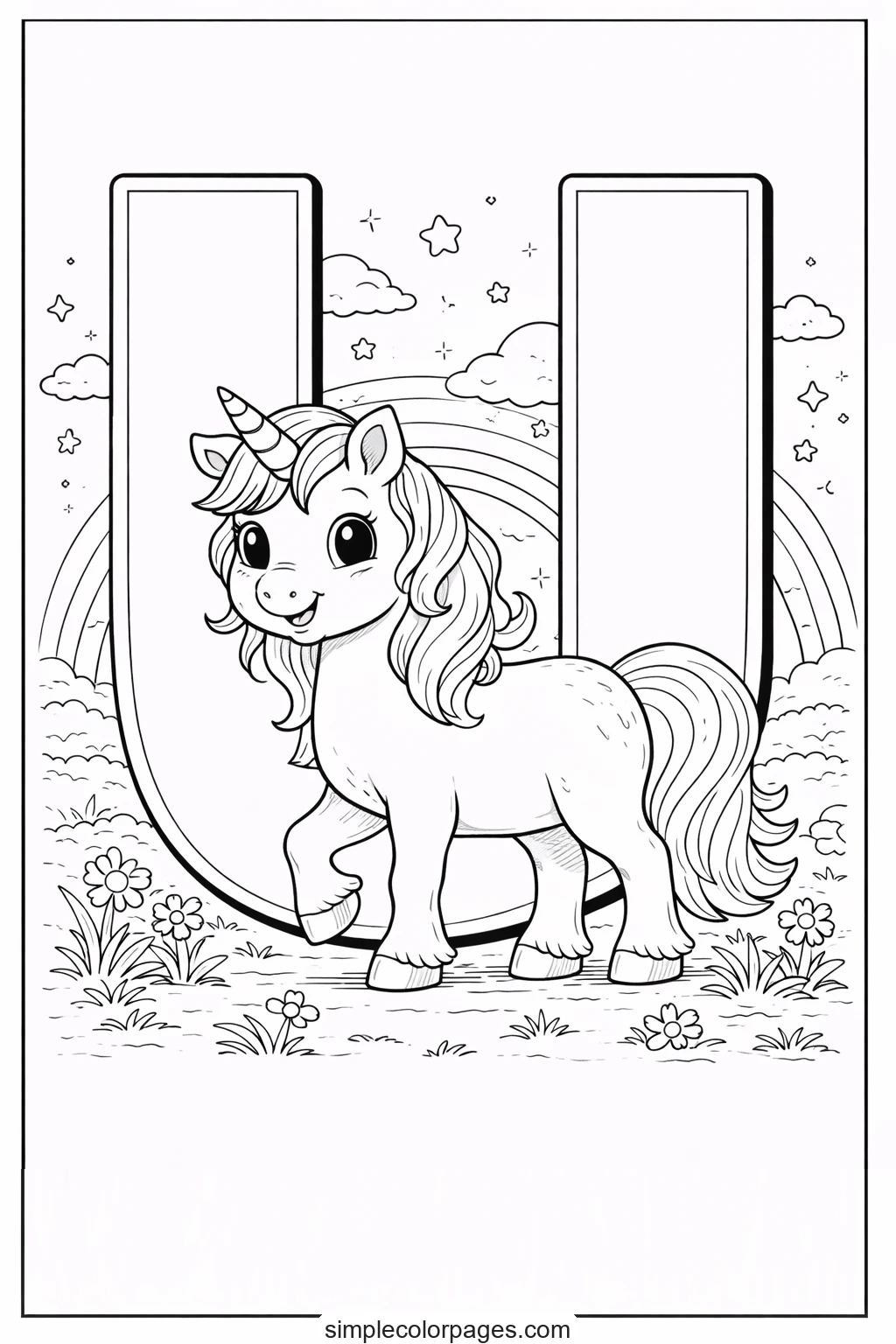 Preview of Letter U with Unicorn Coloring Page