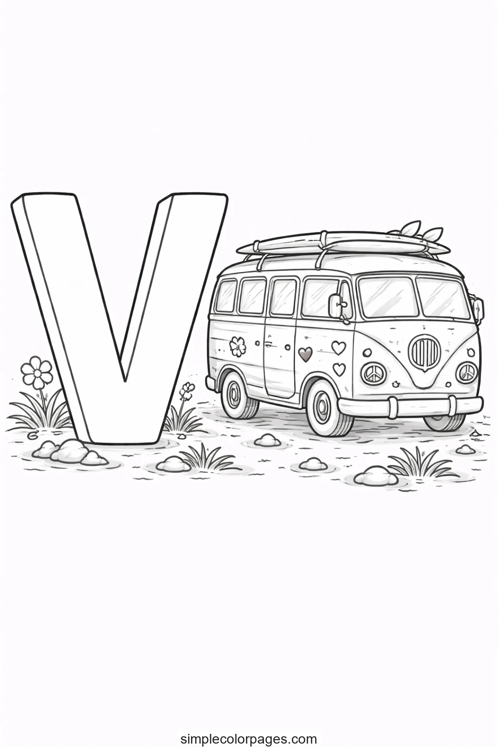 Preview of Letter V with Van Coloring Page