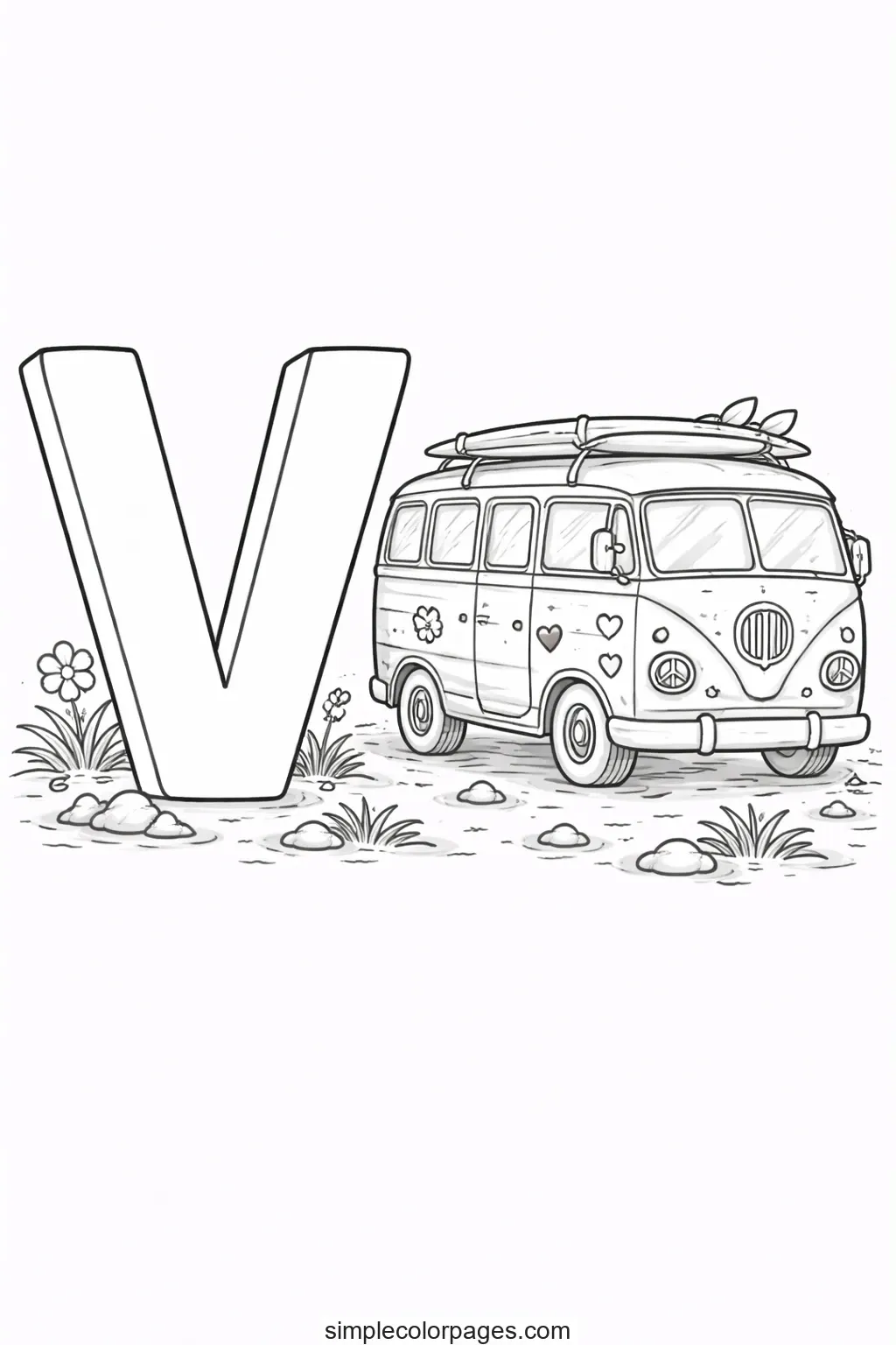 Preview of Letter V with Van Coloring Page