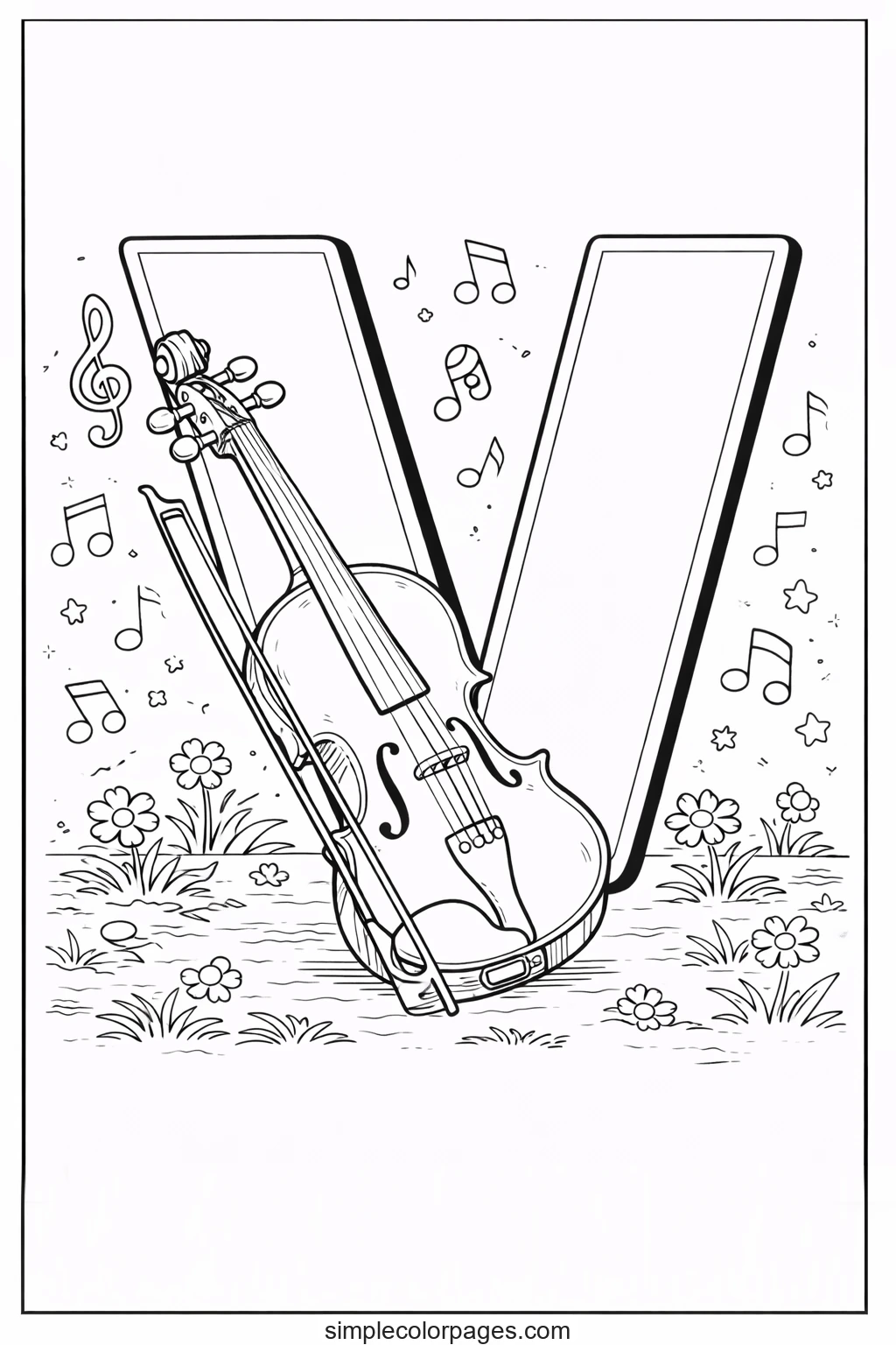 Preview of Letter V with Violin Coloring Page