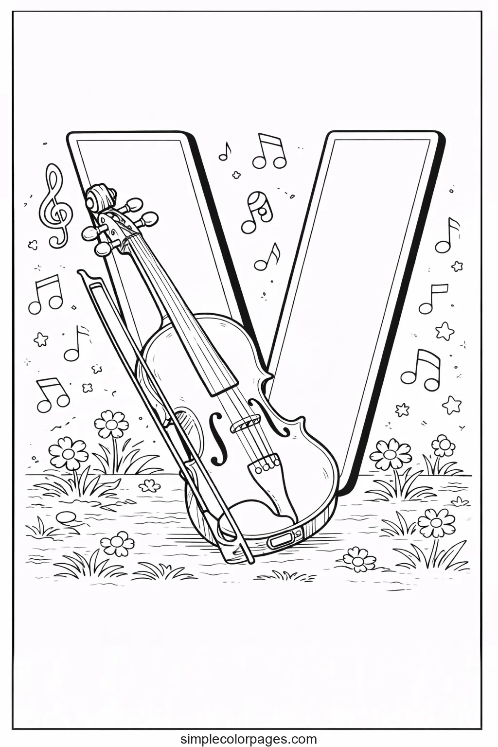 Preview of Letter V with Violin Coloring Page