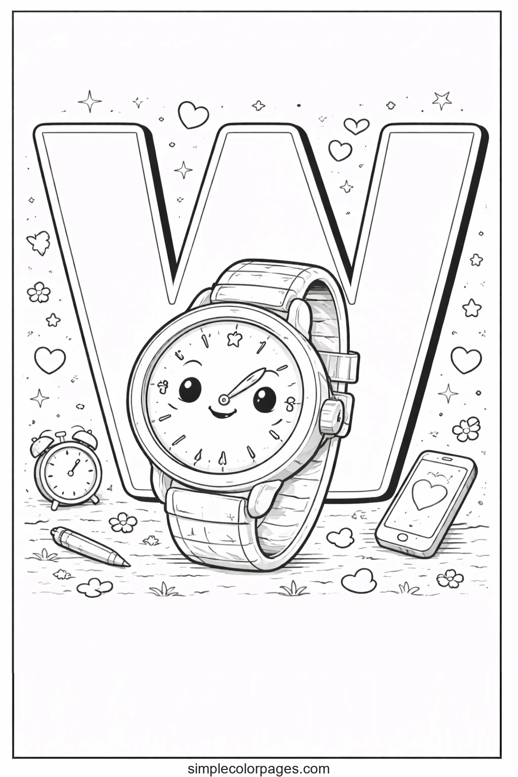 Preview of Letter W with Watch Coloring Page