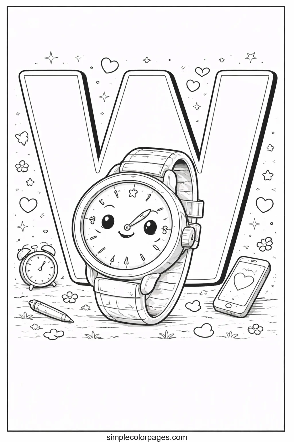 Preview of Letter W with Watch Coloring Page