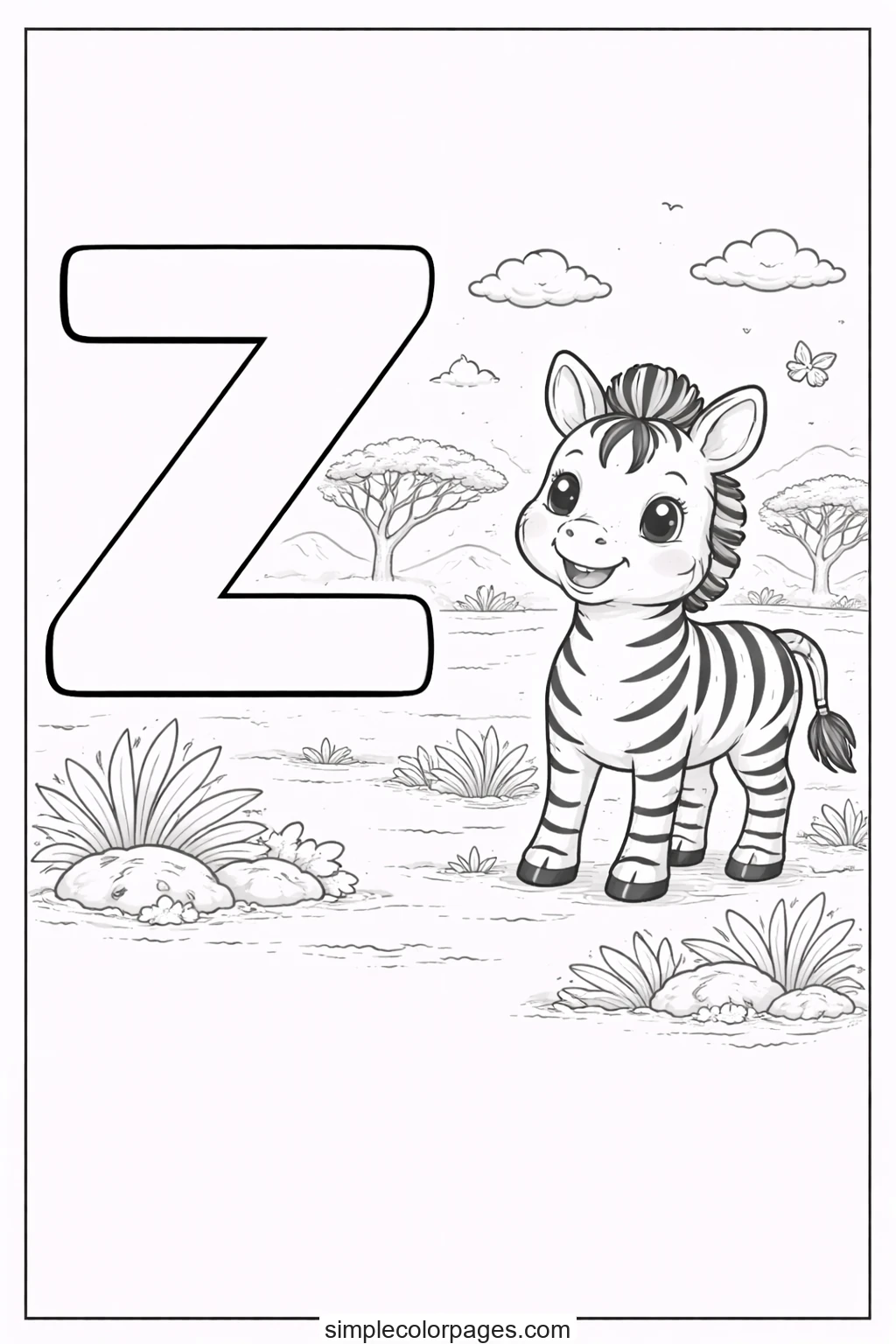 Preview of Letter Z with Zebra Coloring Page