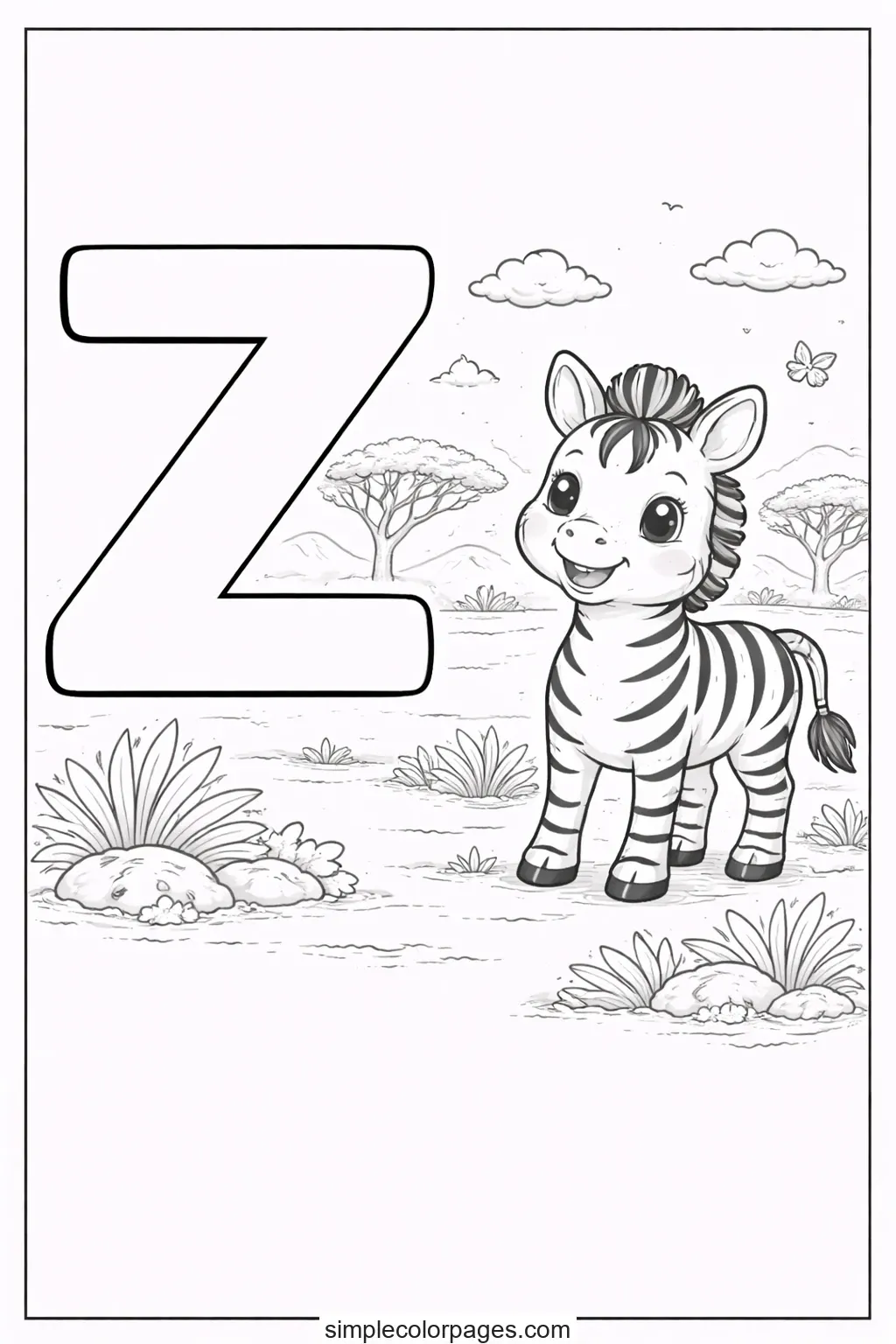 Preview of Letter Z with Zebra Coloring Page