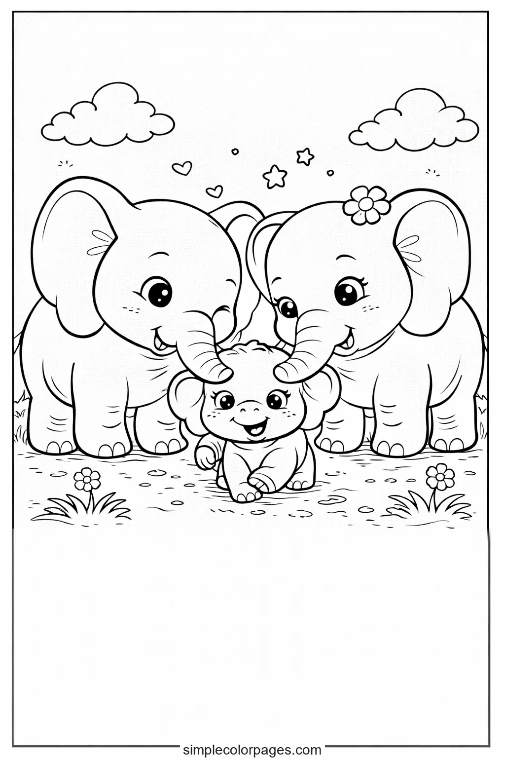Preview of Baby Elephant with Family Coloring Page