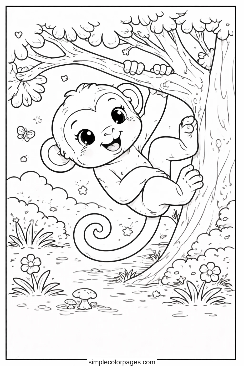 Preview of Baby Monkey Climbing Tree Coloring Page