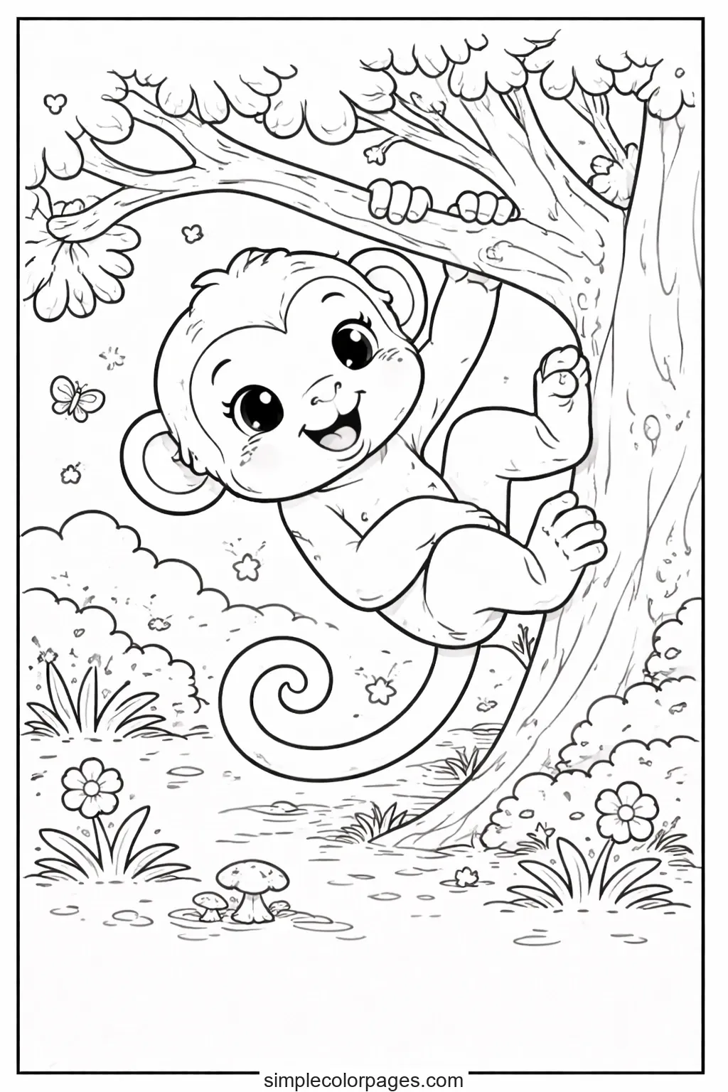 Preview of Baby Monkey Climbing Tree Coloring Page