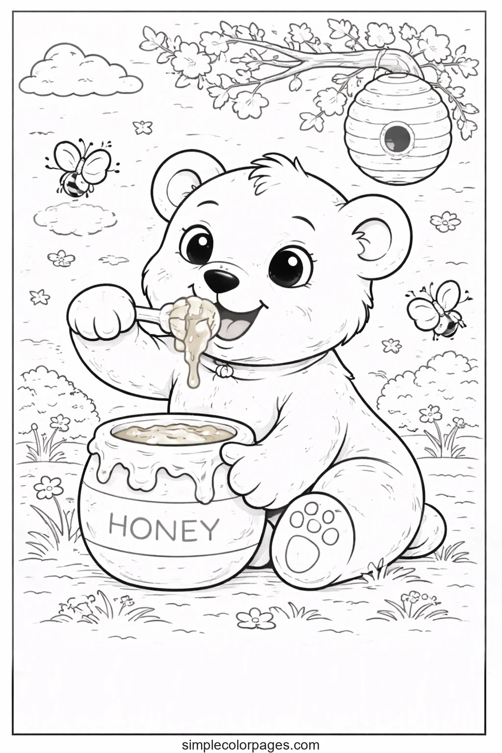 Preview of Bear with Honey Coloring Page