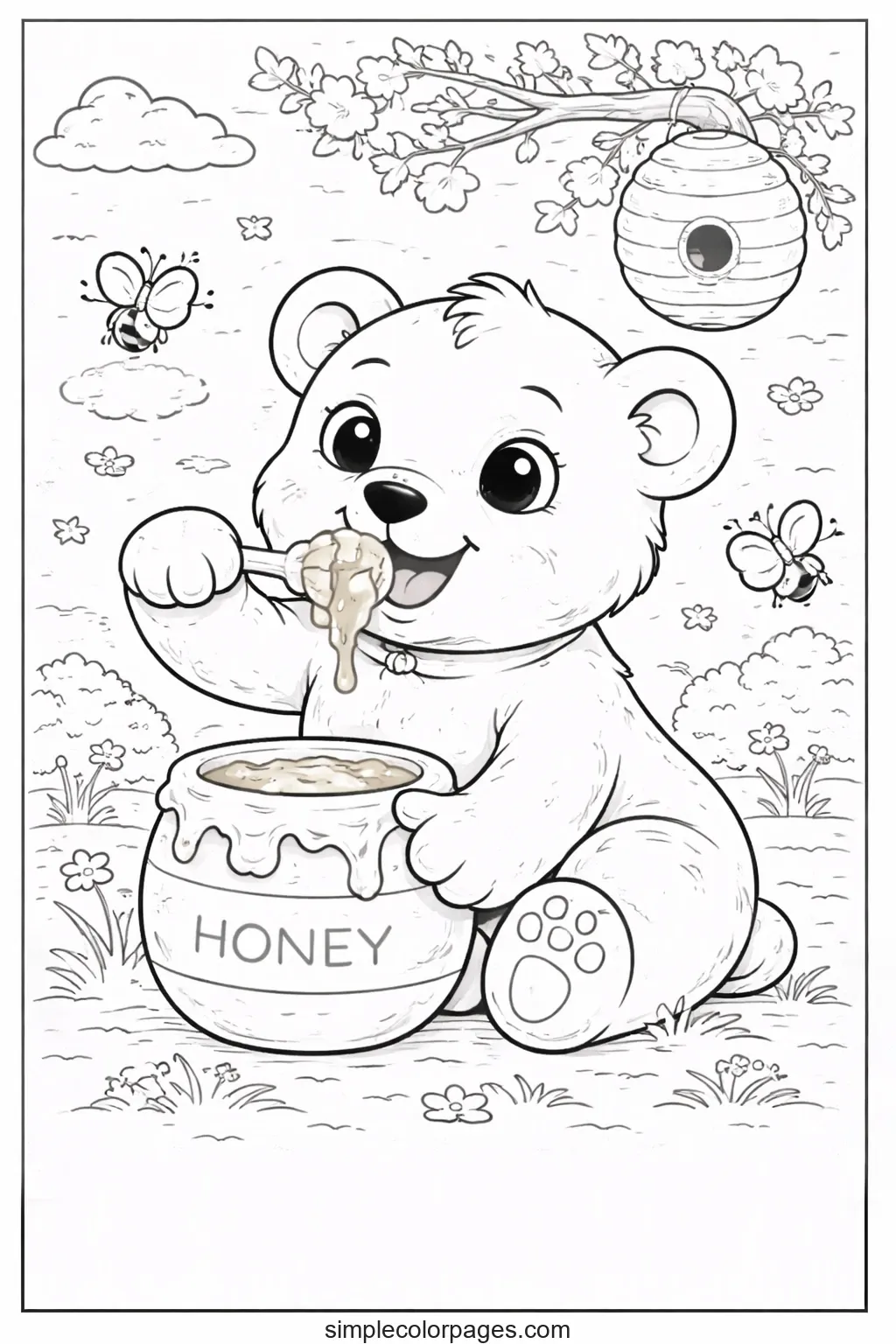 Preview of Bear with Honey Coloring Page