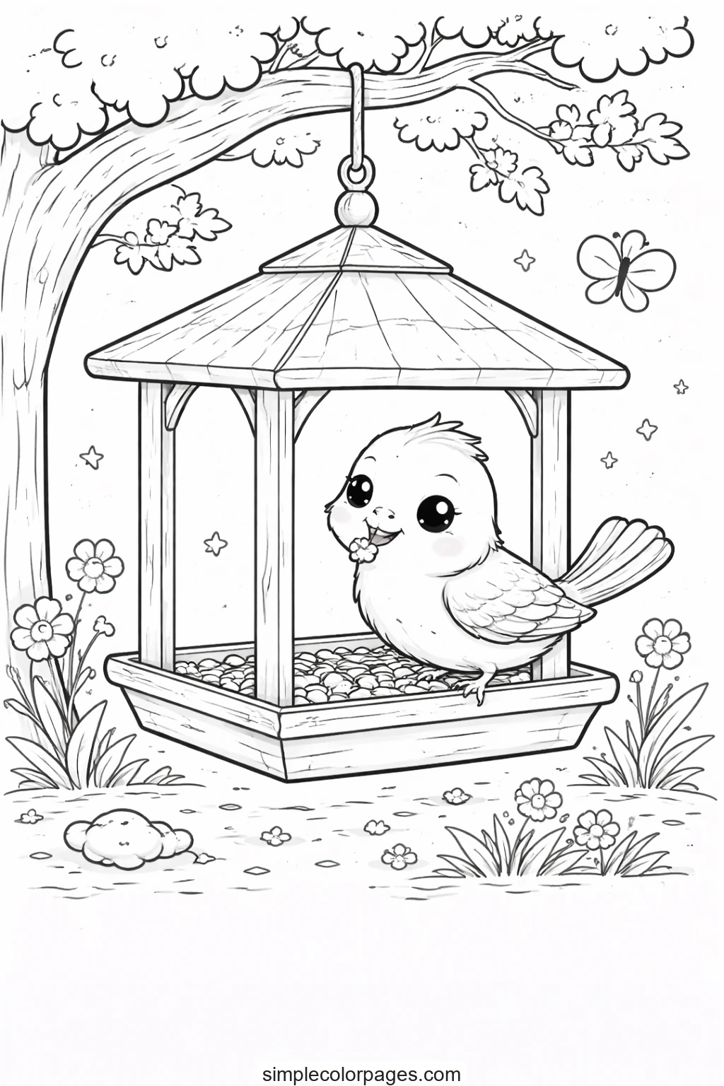 Preview of Bird at Feeder Coloring Page