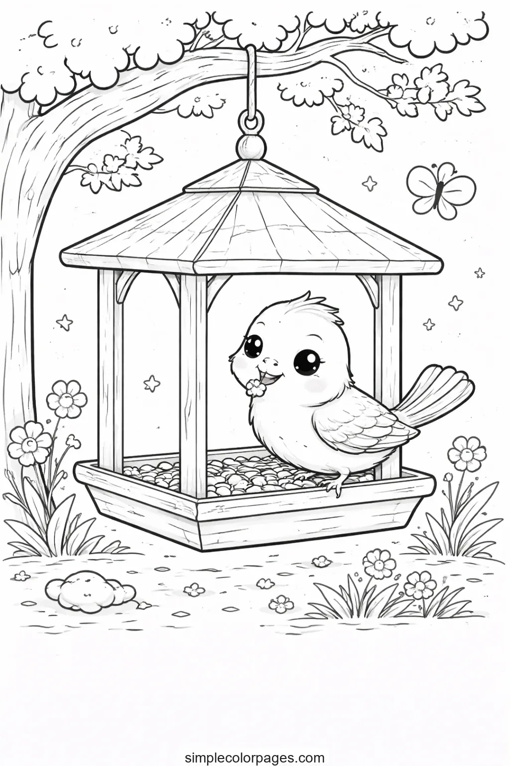Preview of Bird at Feeder Coloring Page