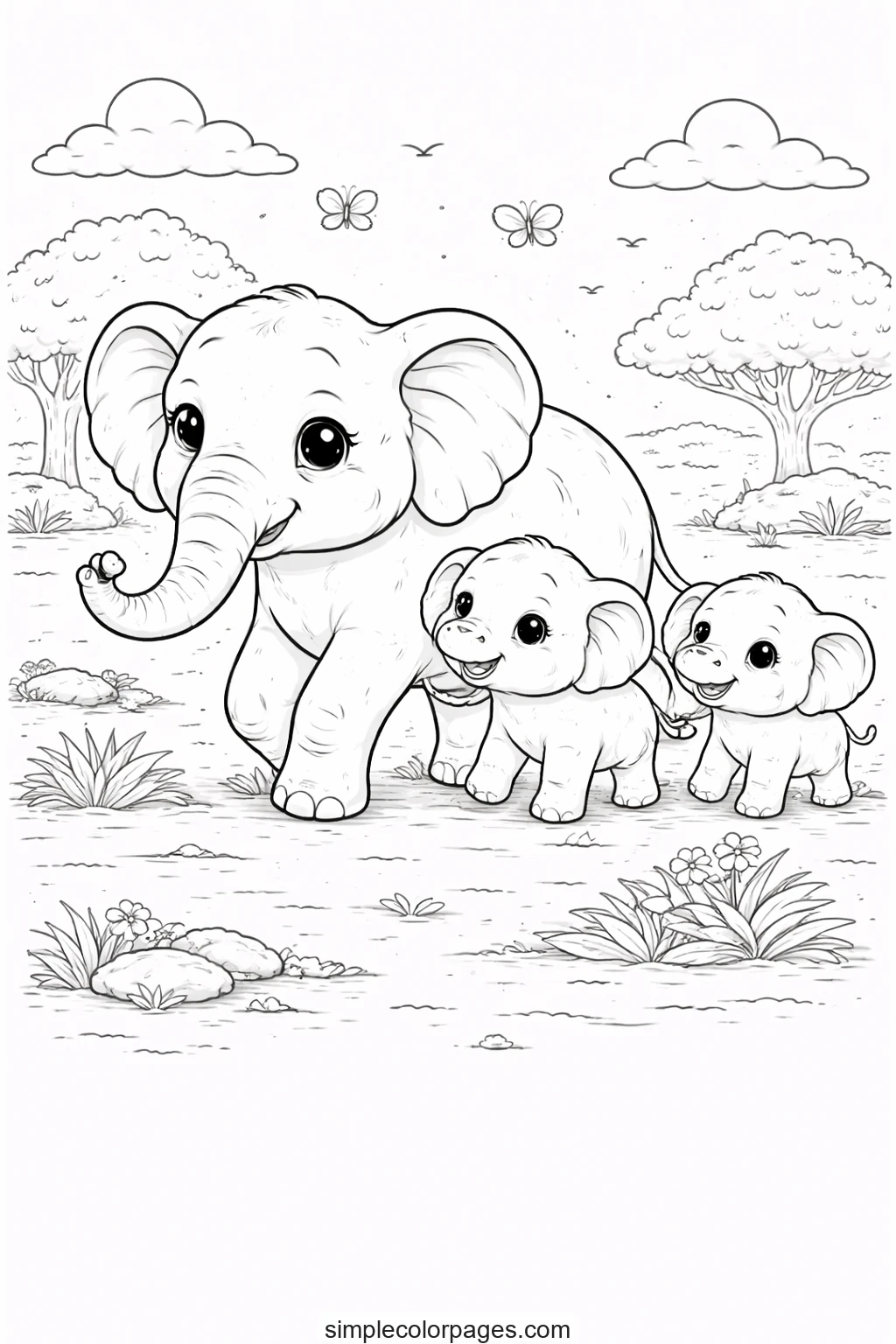 Preview of Elephant Family Walk Coloring Page