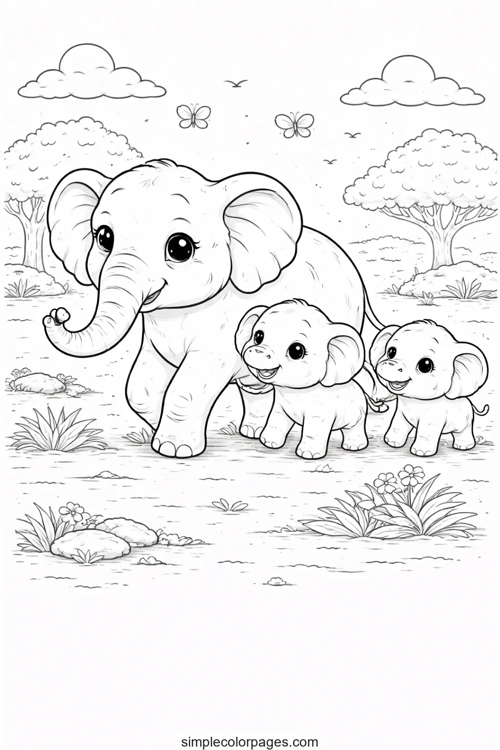 Preview of Elephant Family Walk Coloring Page