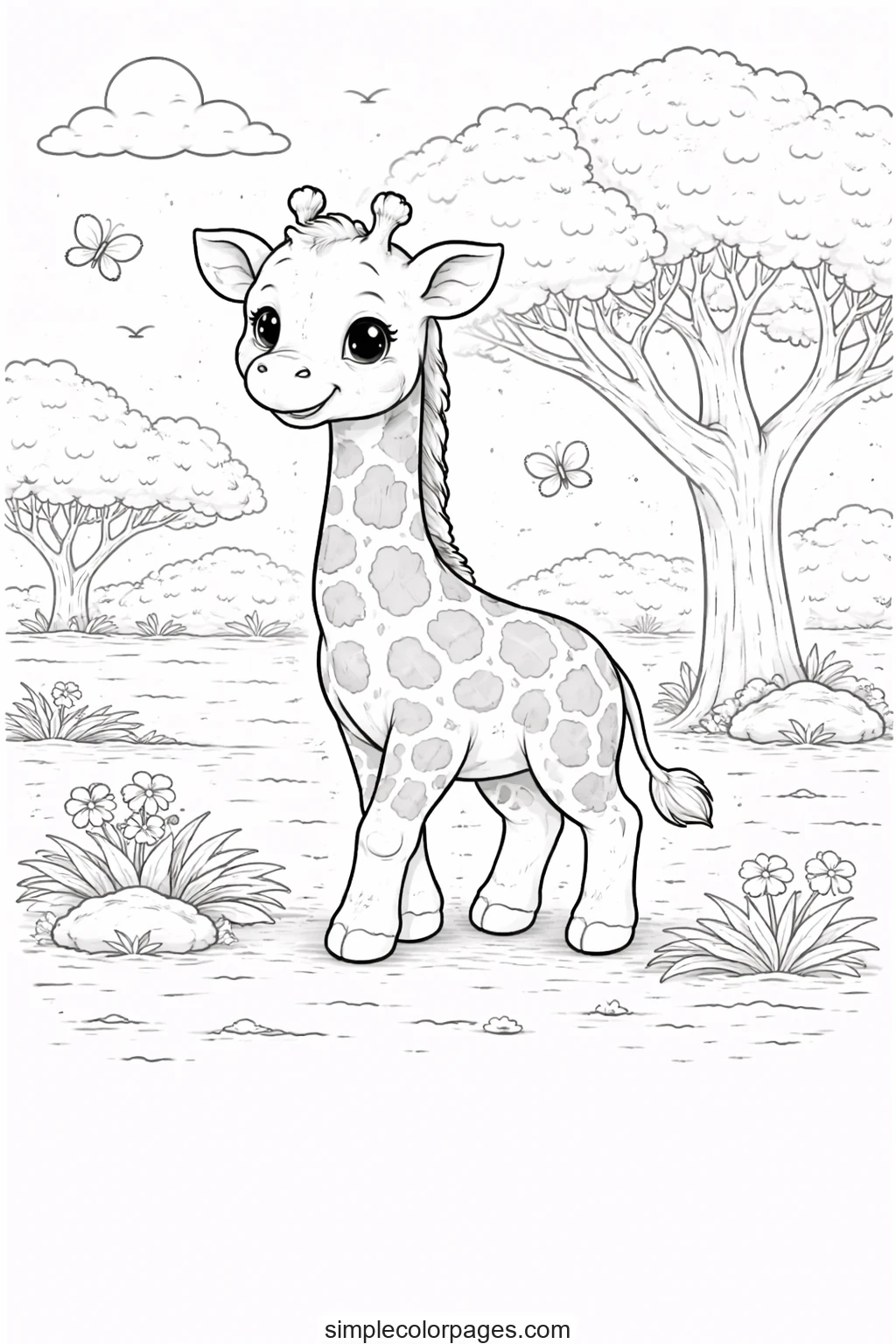 Preview of Giraffe Tree Scene Coloring Page