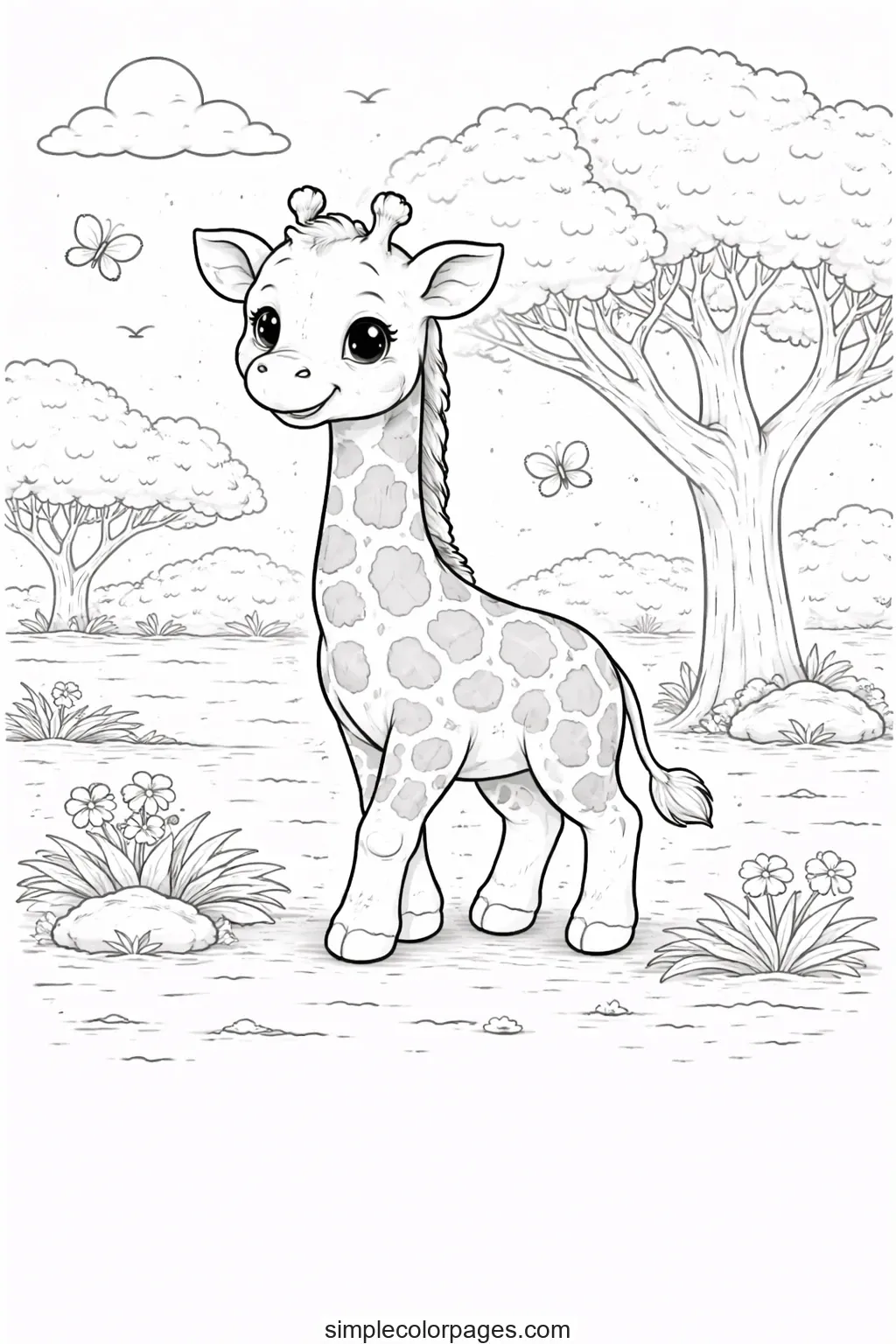 Preview of Giraffe Tree Scene Coloring Page