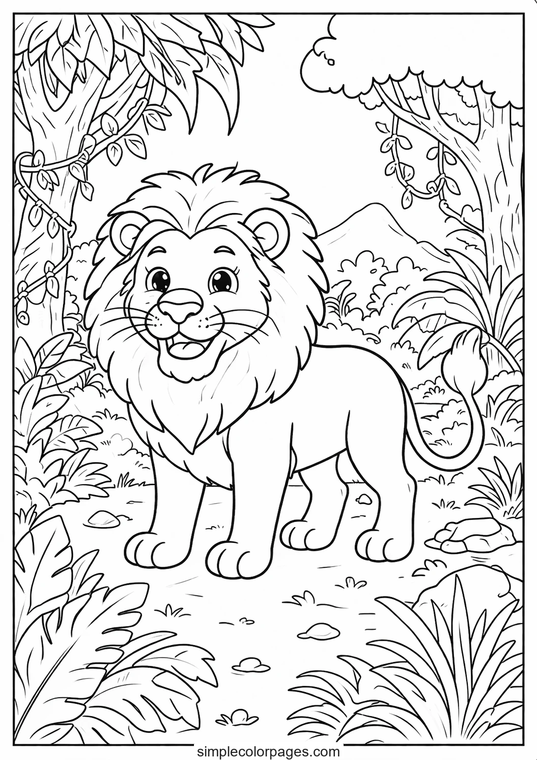 Preview of Lion Jungle Scene Coloring Page