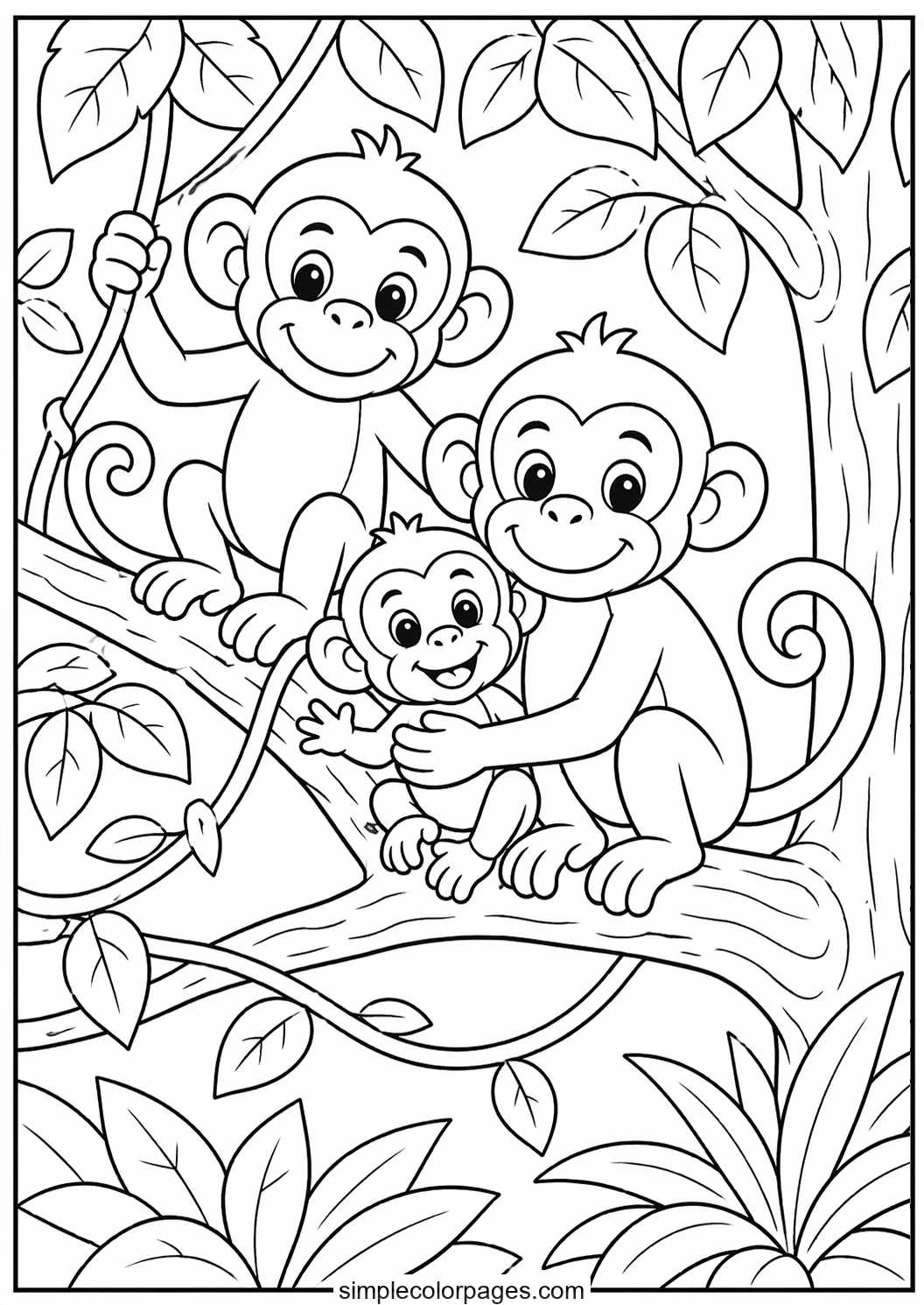 Preview of Monkey Family on Tree Coloring Page